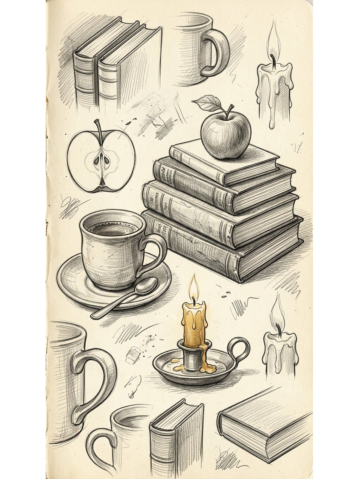 Still life drawing techniques for beginners showing contour, shading and hatching studies