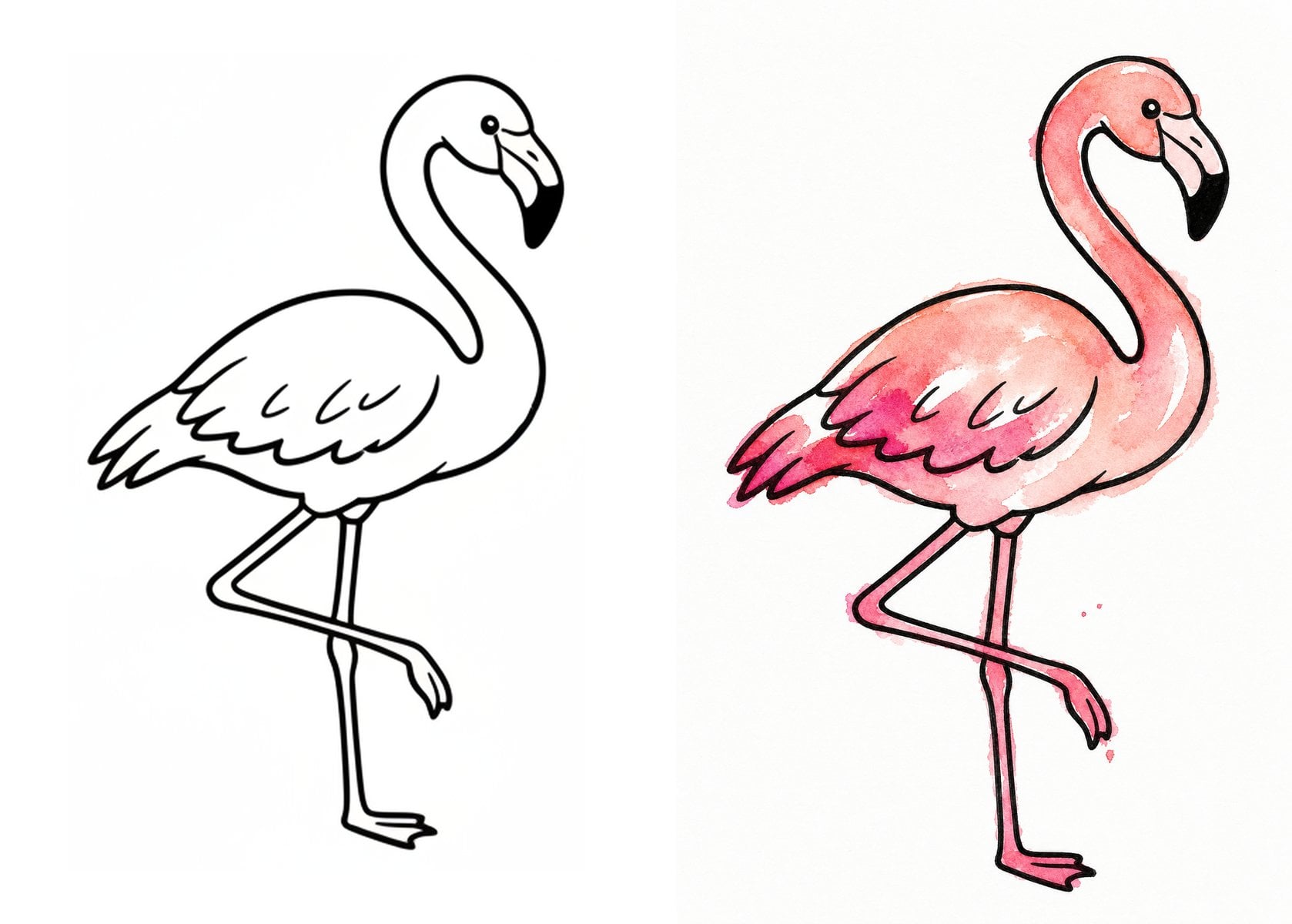 Flamingo summer drawing template before and after painting with watercolor