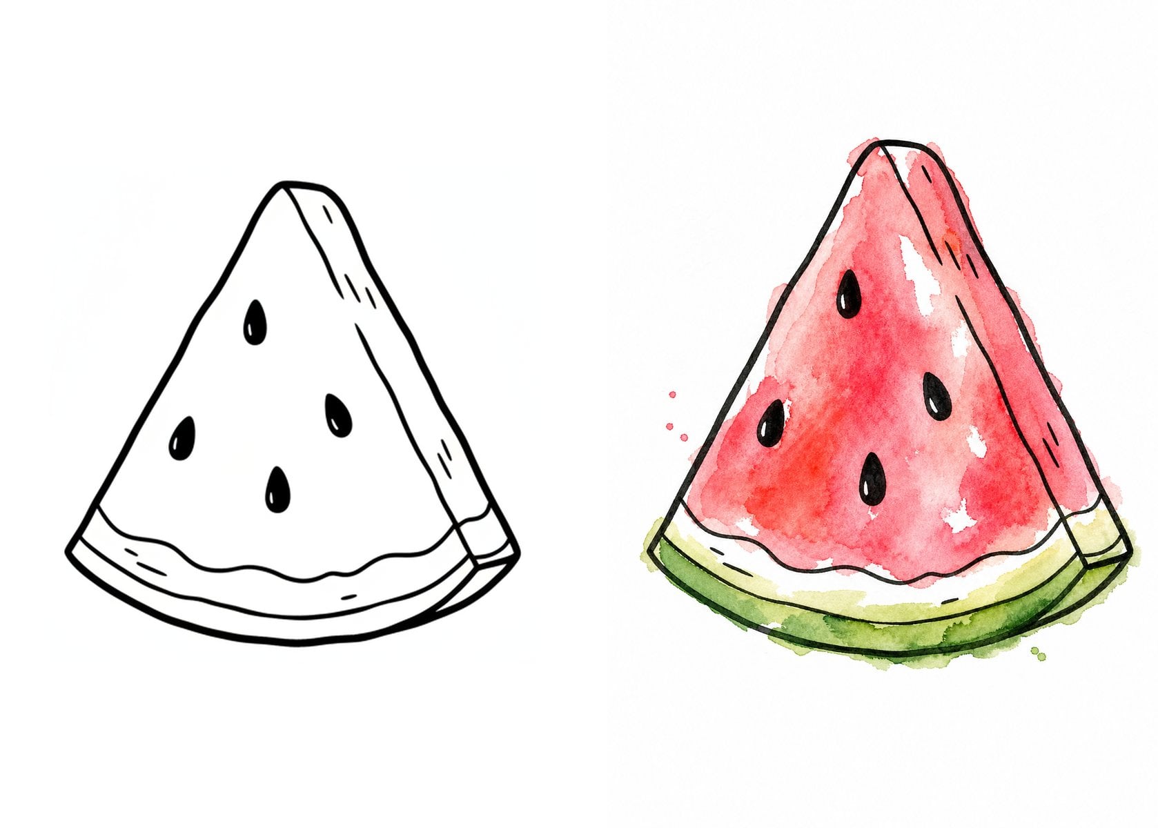 Watermelon slice summer drawing template before and after painting with watercolor