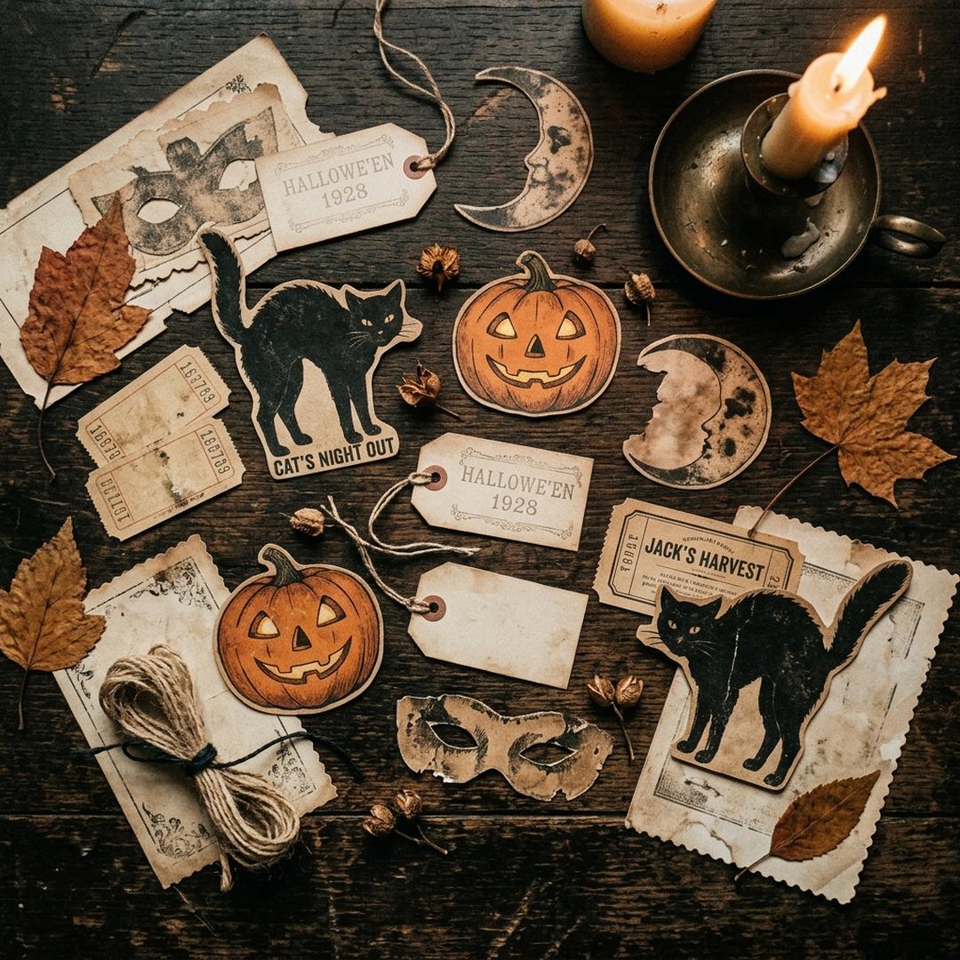 Vintage Halloween ephemera flat lay with black cats, pumpkins and aged tags