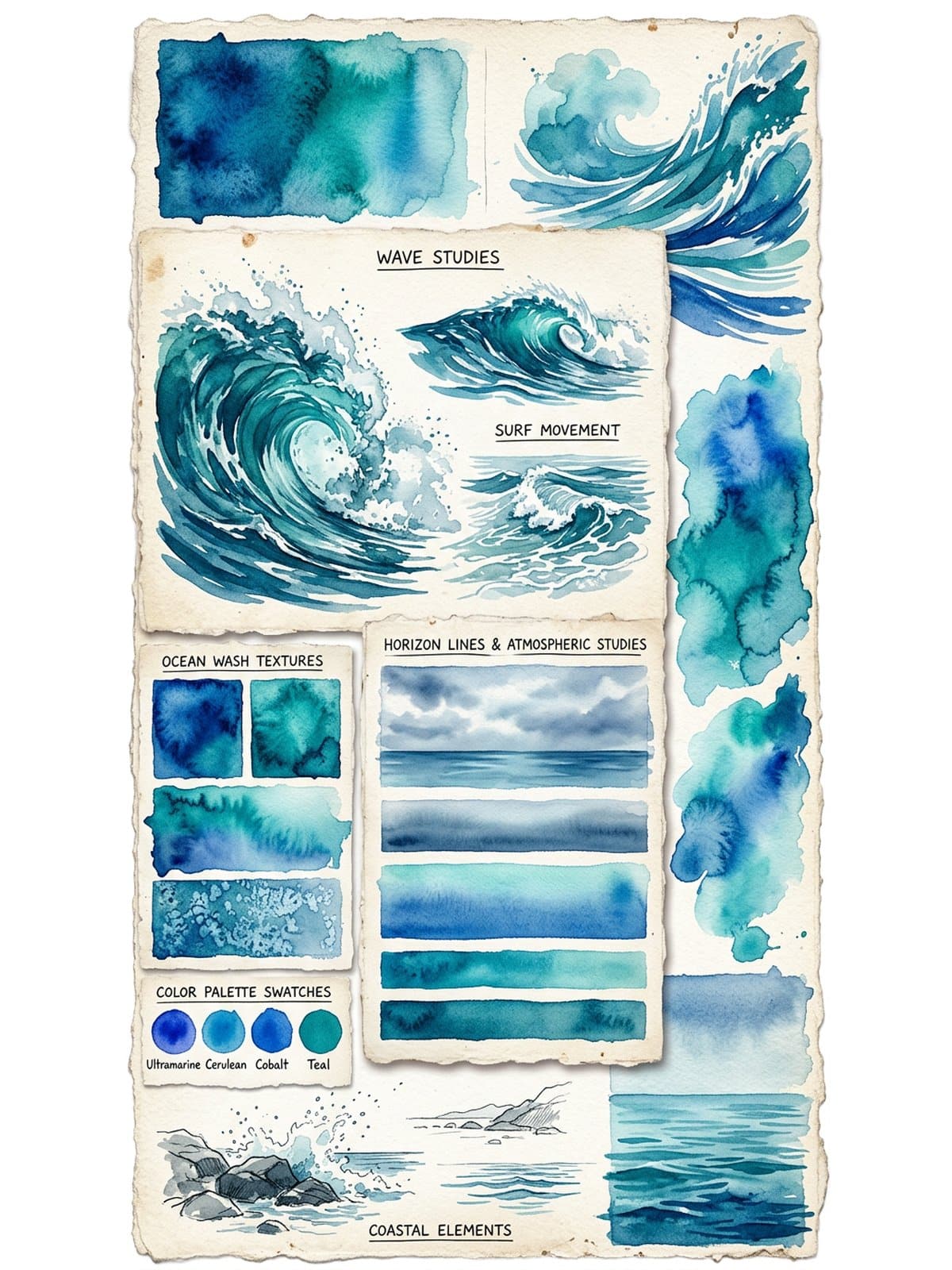 Watercolor wave studies reference showing surf movement and ocean colour swatches for beginners