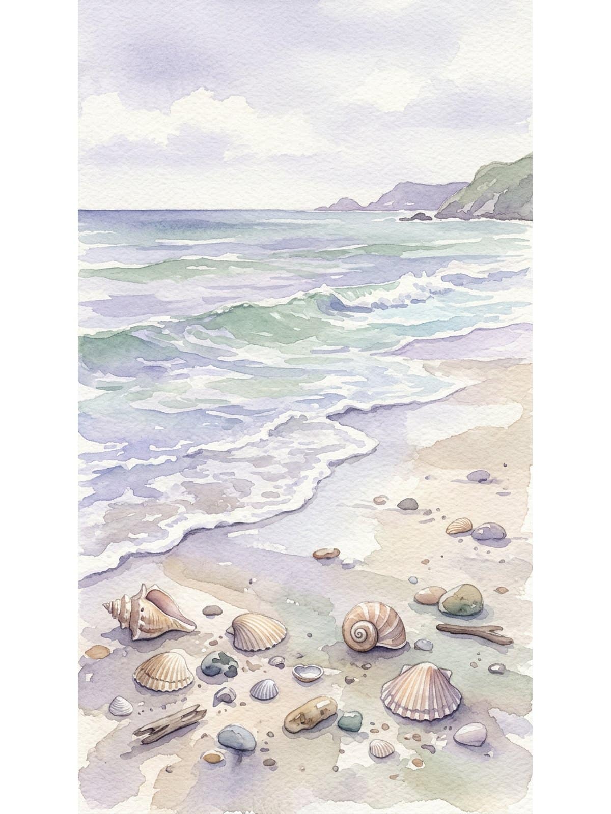 Watercolor beach shore scene with shells and sand for beginner painters