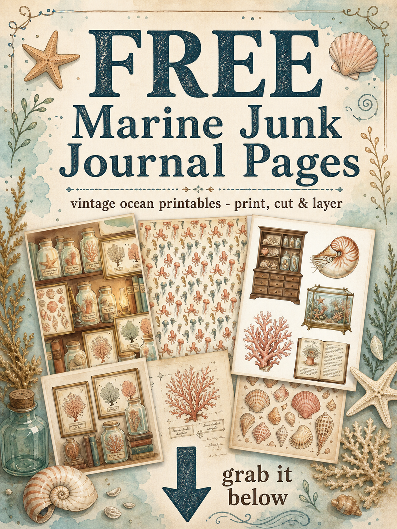 Free Marine Junk Journal Pages sample - vintage ocean printable background and ephemera fussy-cut sheet