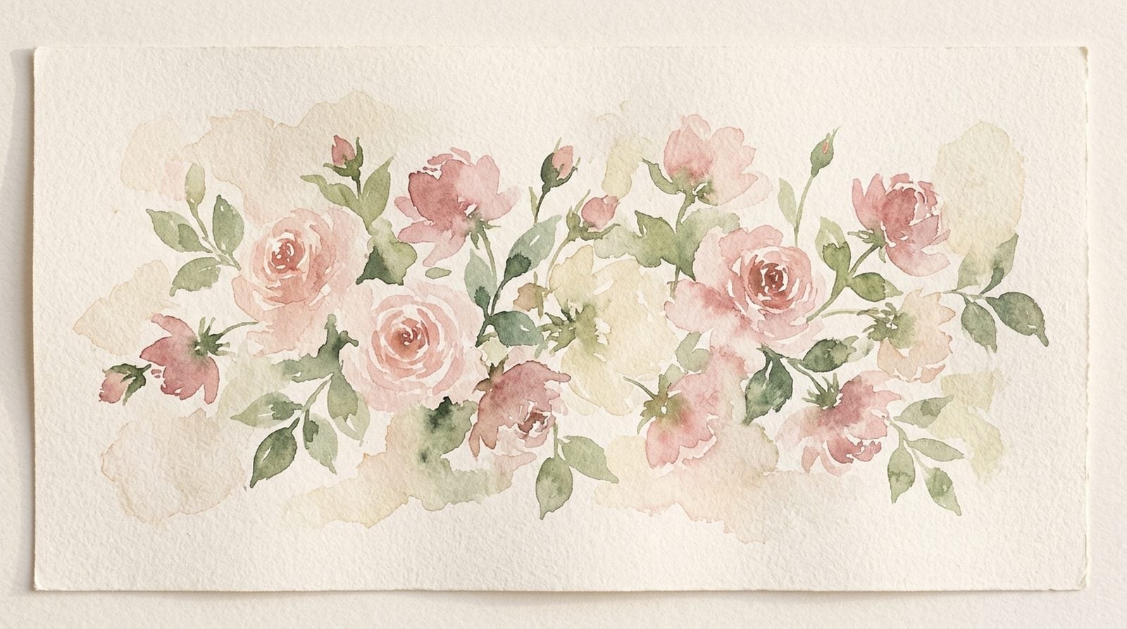 Soft watercolour painting of blush pink roses and sage green leaves