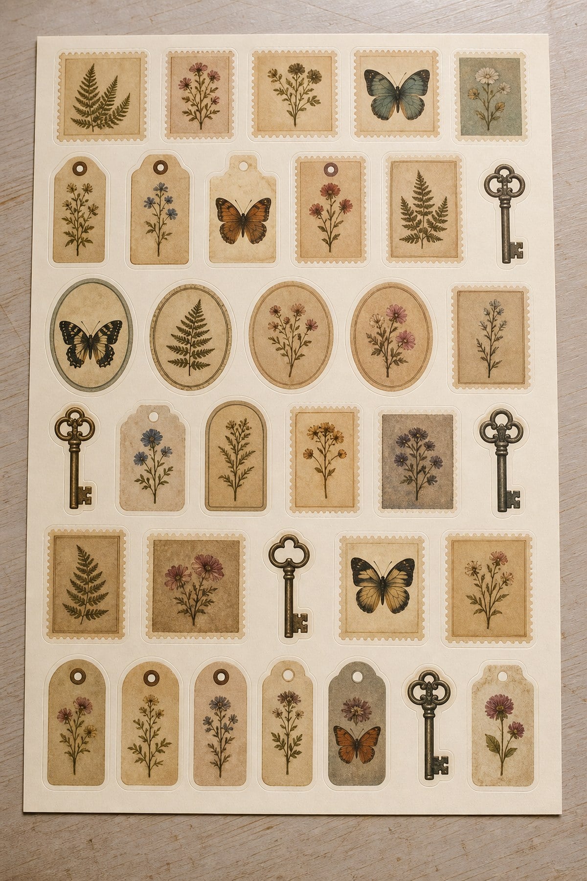 A full printed sheet of vintage aesthetic stickers with botanical and ephemera motifs ready to cut out