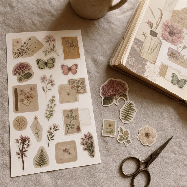 A printed sheet of vintage aesthetic stickers being cut out with small scissors on a linen desk