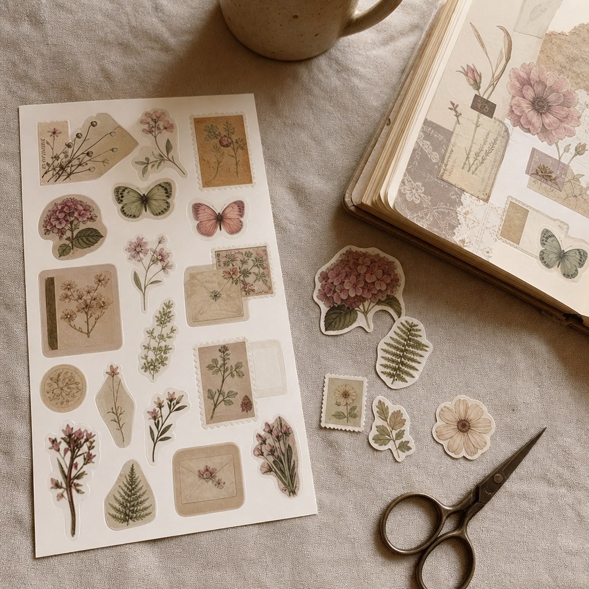 A printed sheet of vintage aesthetic stickers being cut out with small scissors on a linen desk