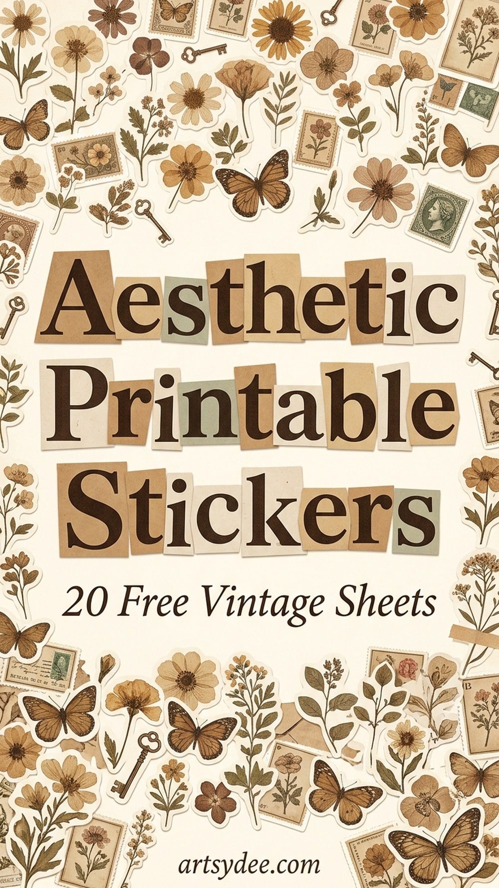 Aesthetic printable stickers pin with 20 free vintage sticker sheets from artsydee.com