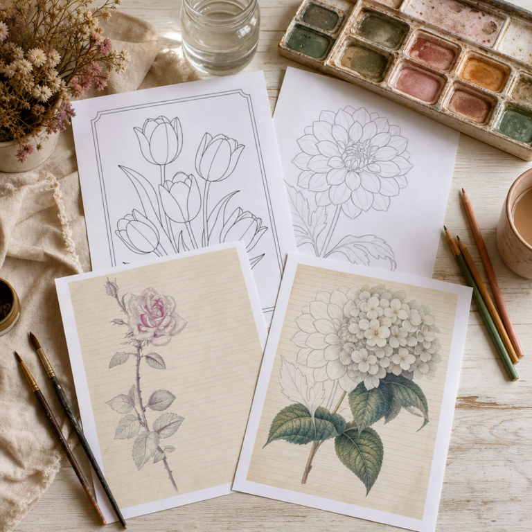 Printable pages from the free Artsydee Starter Kit: tulip and dahlia outline templates and vintage rose and hydrangea junk journal papers on a wooden desk with watercolours and pencils