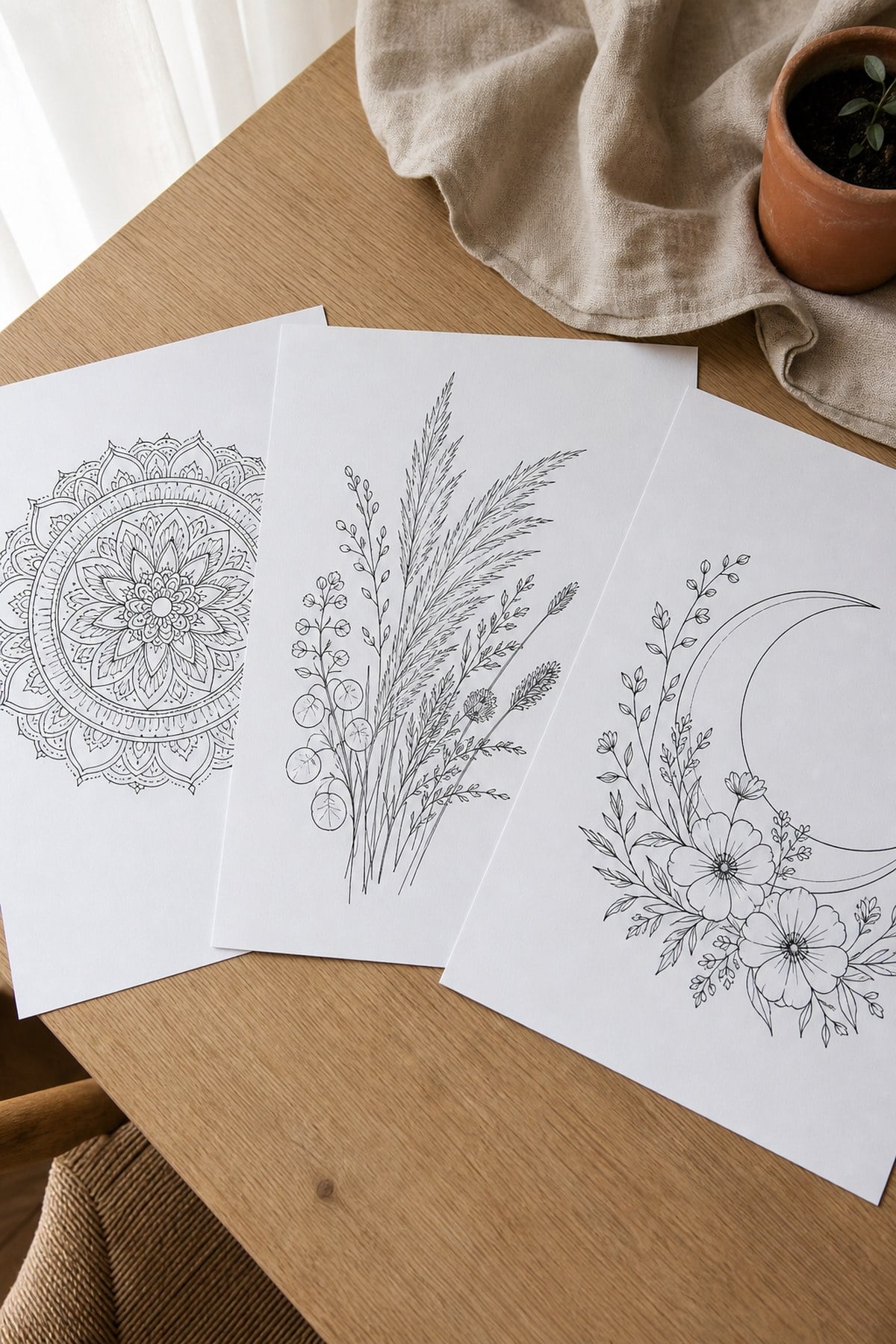 Three printed boho coloring pages fanned out showing a mandala, a pampas grass bouquet and a crescent moon design