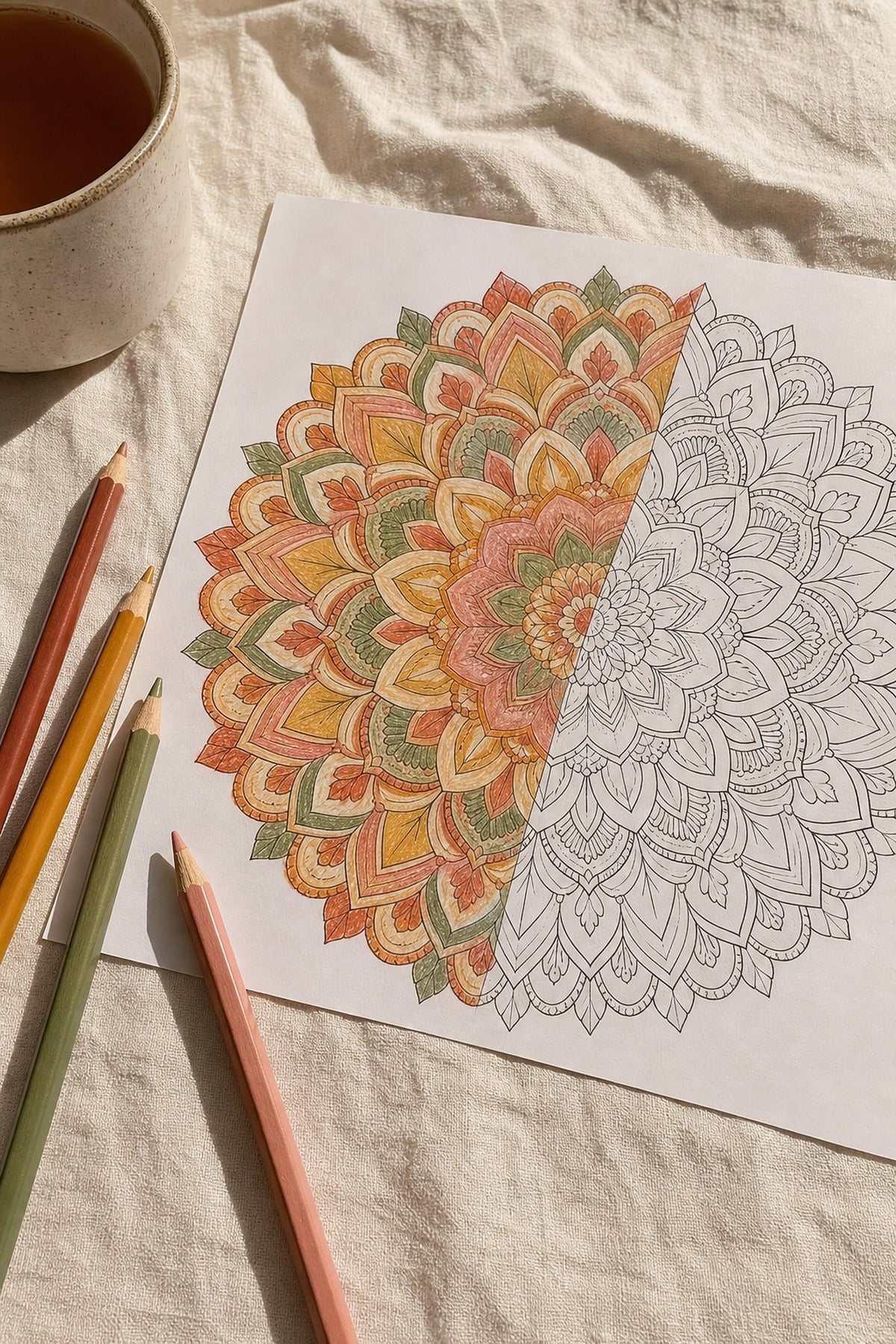 A boho mandala coloring page half finished in terracotta, ochre and sage with coloured pencils resting beside it