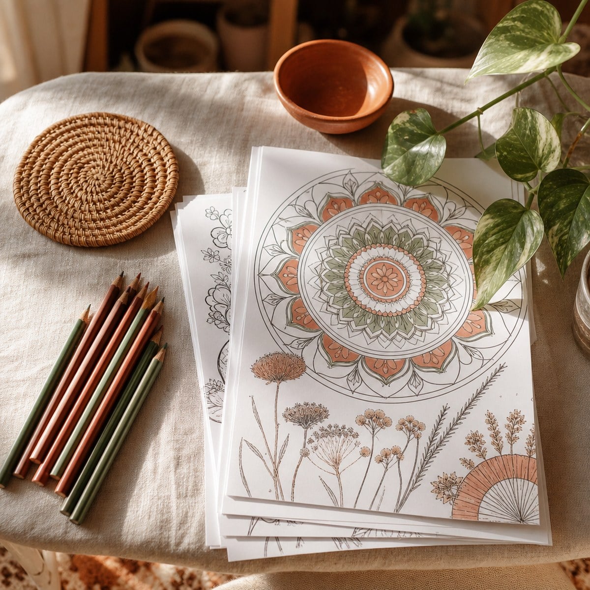 A stack of printed boho coloring pages on a linen desk with terracotta coloured pencils and a trailing pothos plant