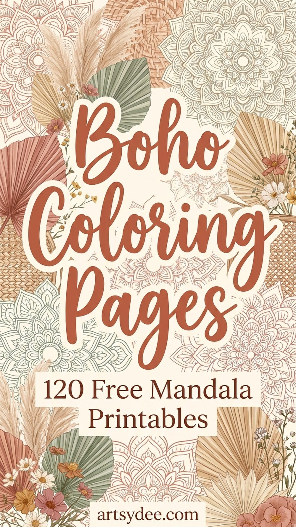 Boho coloring pages pin — 120 free printable mandala pages from artsydee.com