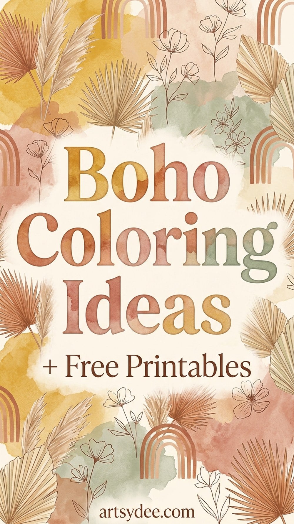 Boho coloring page ideas pin with a free printable mandala pack from artsydee.com