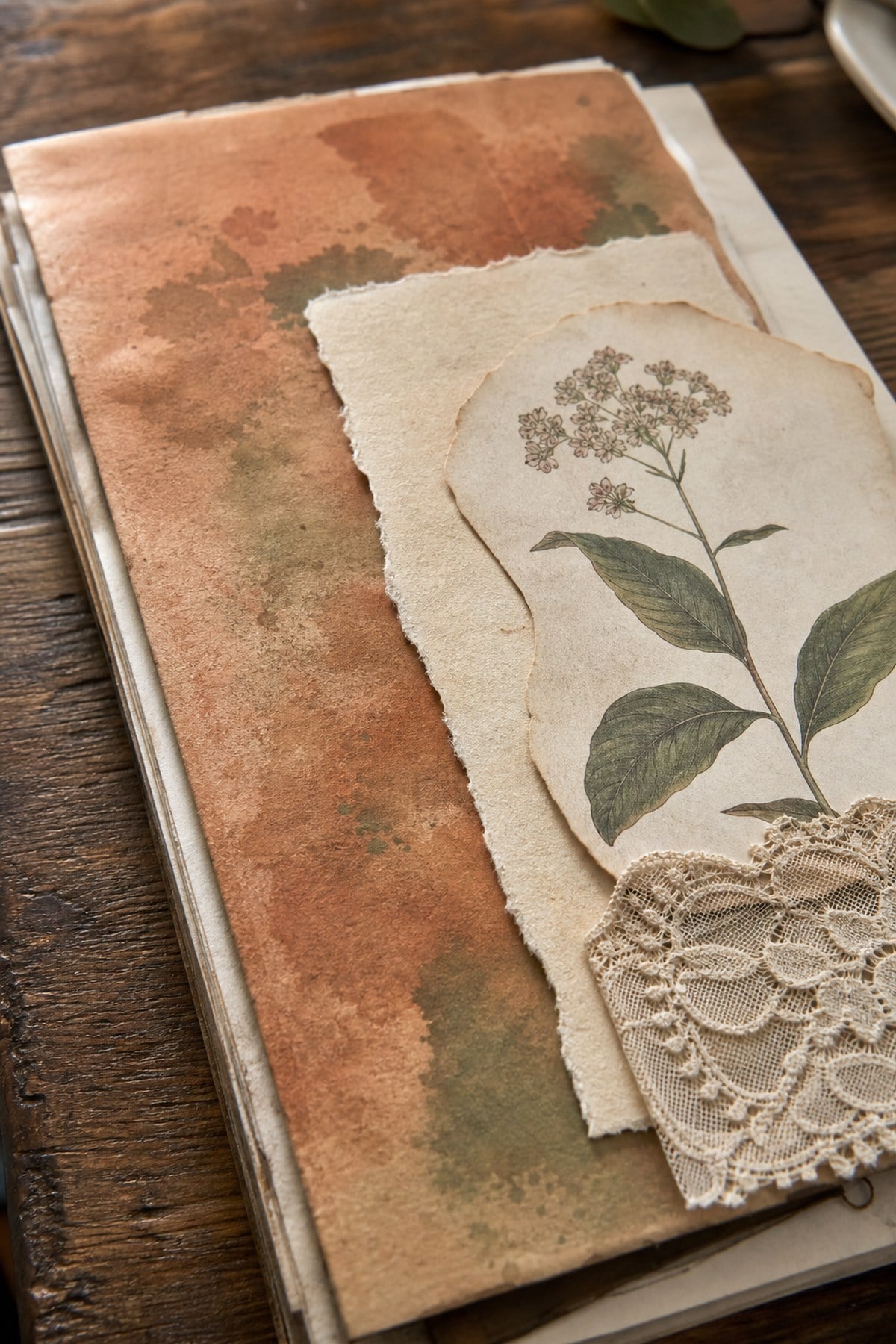 Layered junk journal papers building up a boho spread from background wash to botanical cut-outs and a torn edge