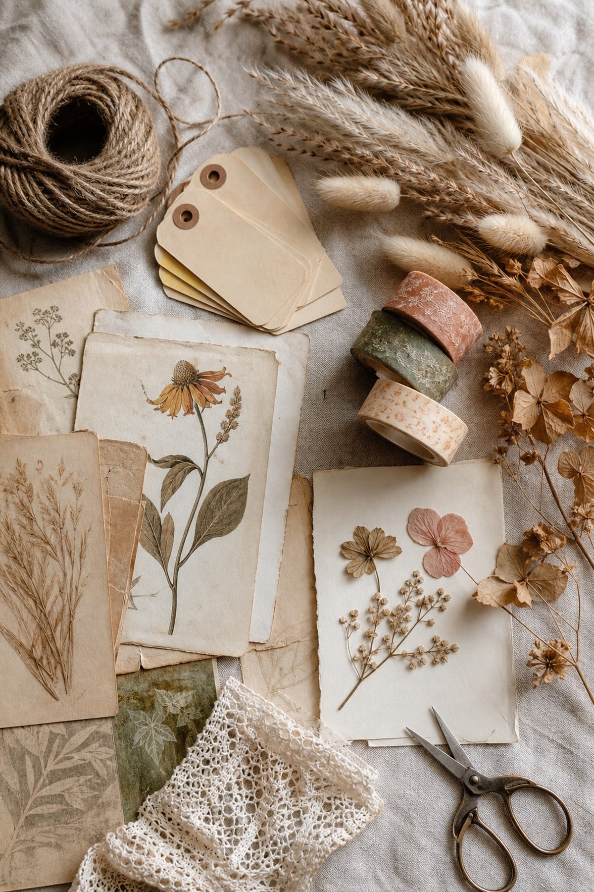 A flat lay of boho junk journal supplies including botanical prints, dried flowers, twine, tags and muted washi tape