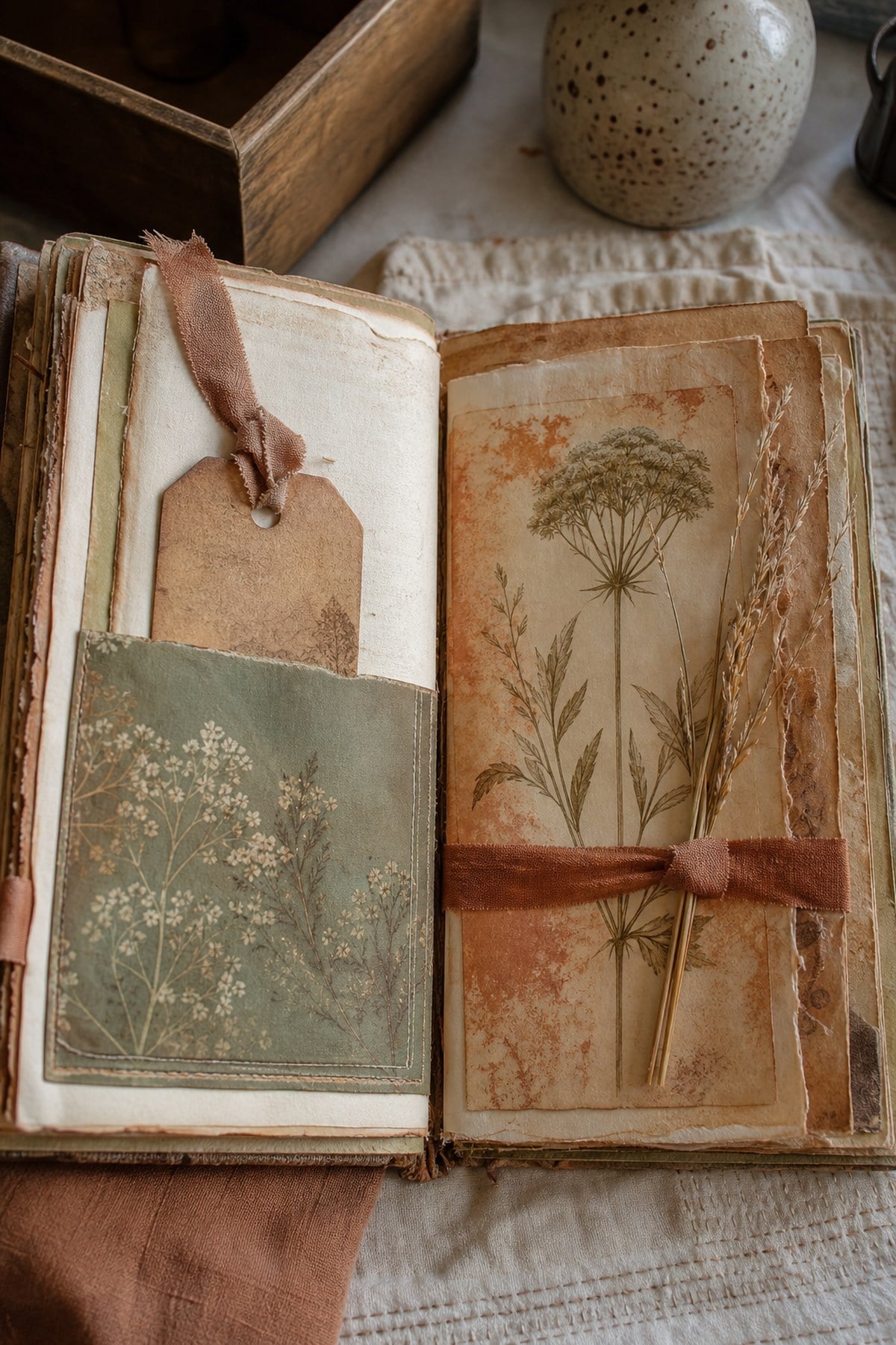 A finished boho junk journal spread with a tuck pocket, layered botanical papers and dried grasses