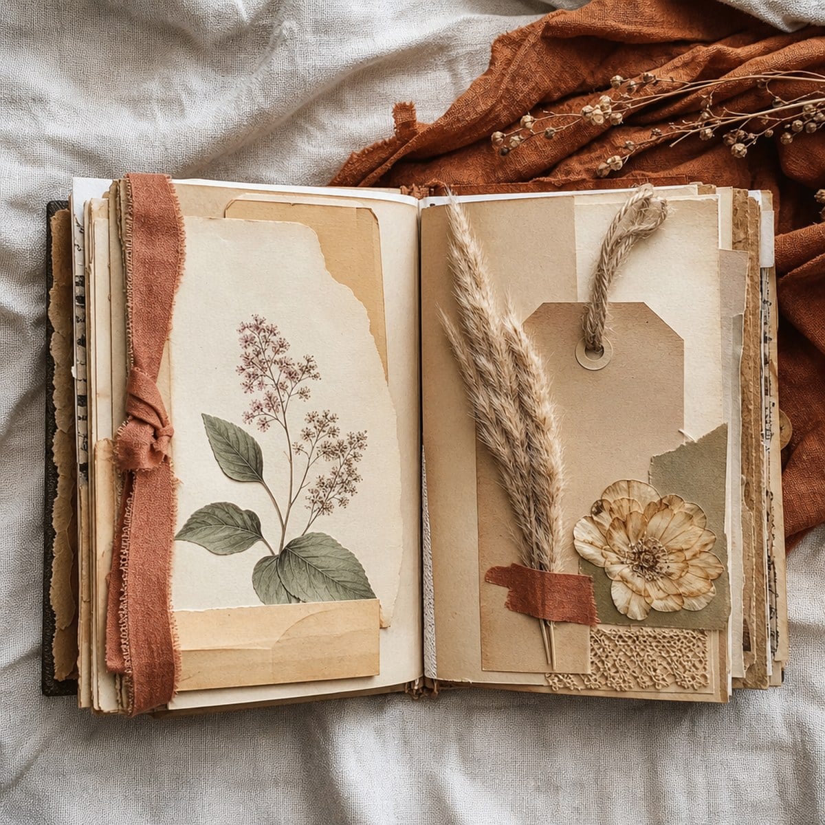 An open boho junk journal spread layered with aged botanical papers, dried flowers, twine and a manila tag