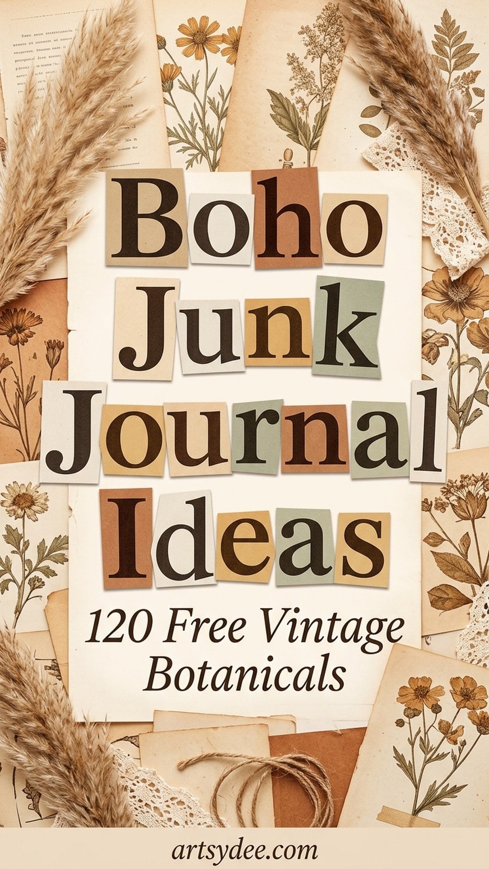 Boho junk journal ideas pin with 120 free printable vintage botanicals from artsydee.com