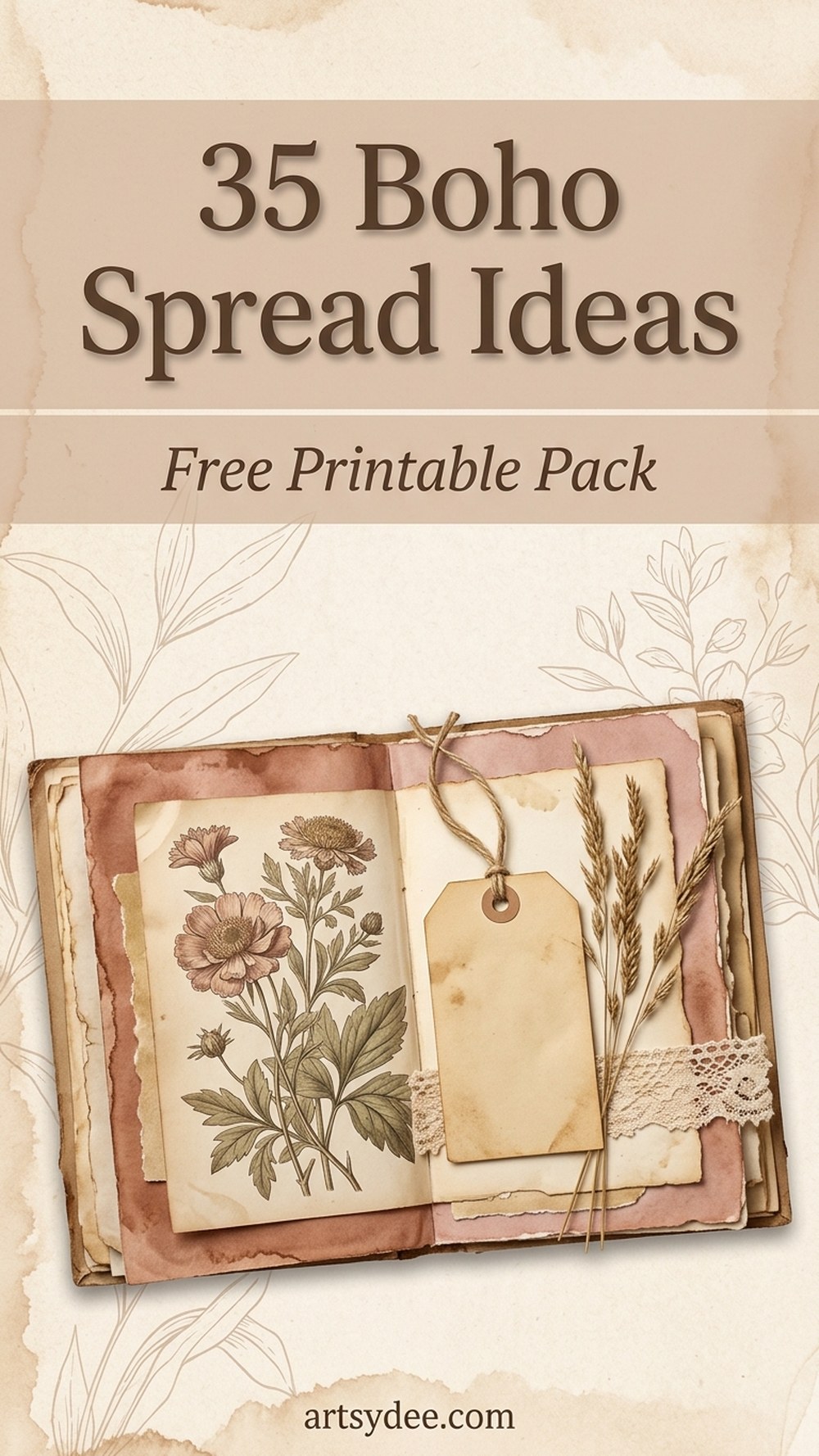 Boho junk journal spread ideas pin with free printable vintage botanicals from artsydee.com
