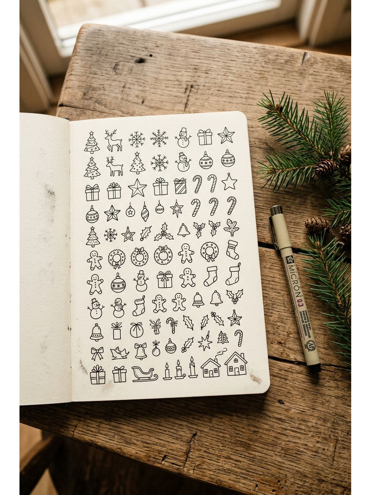 An open sketchbook page covered in rows of small simple black ink Christmas doodles beside a fineliner pen