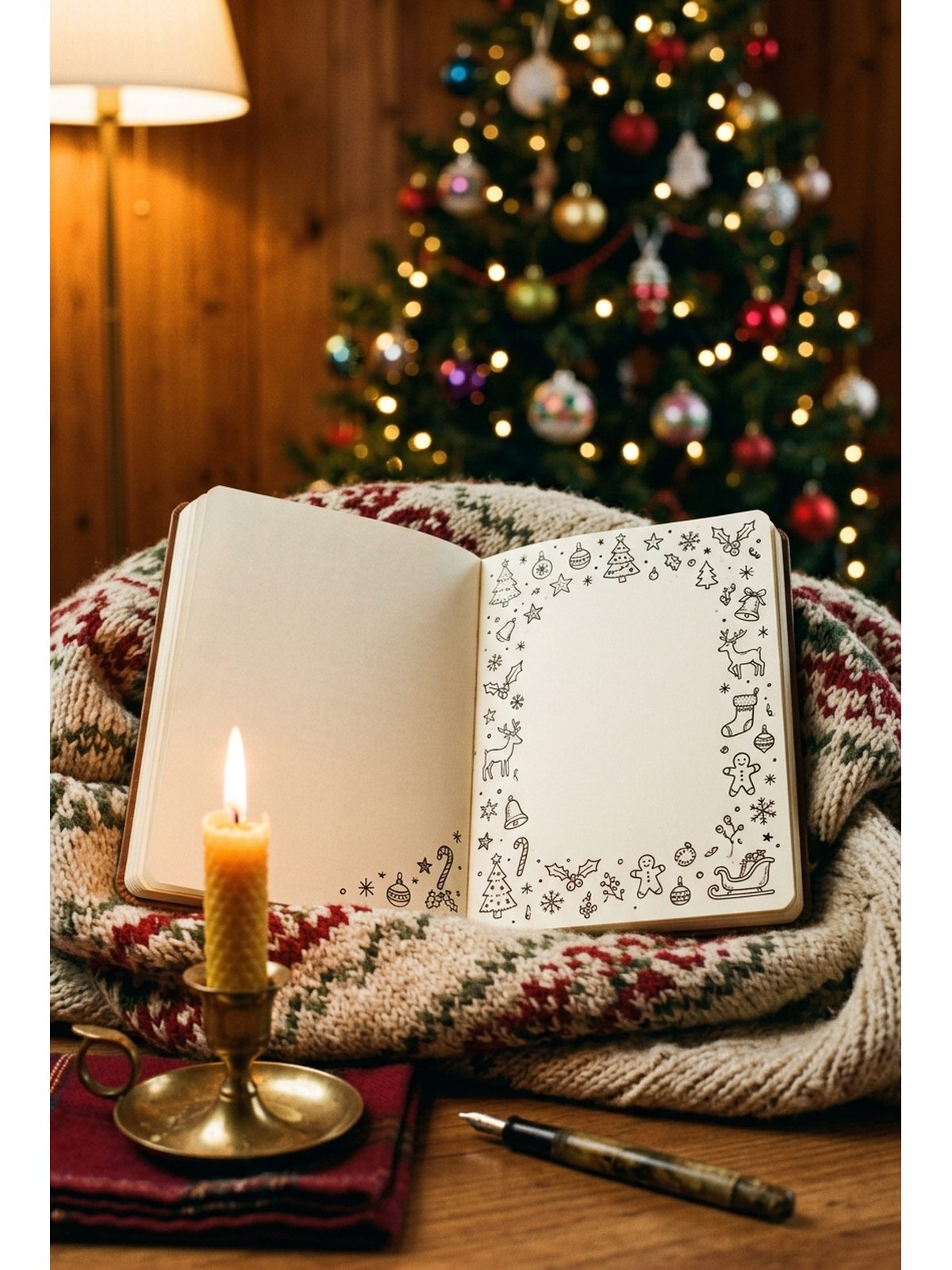 A journal open on a blanket with its page edges decorated in small black ink Christmas doodles by candlelight