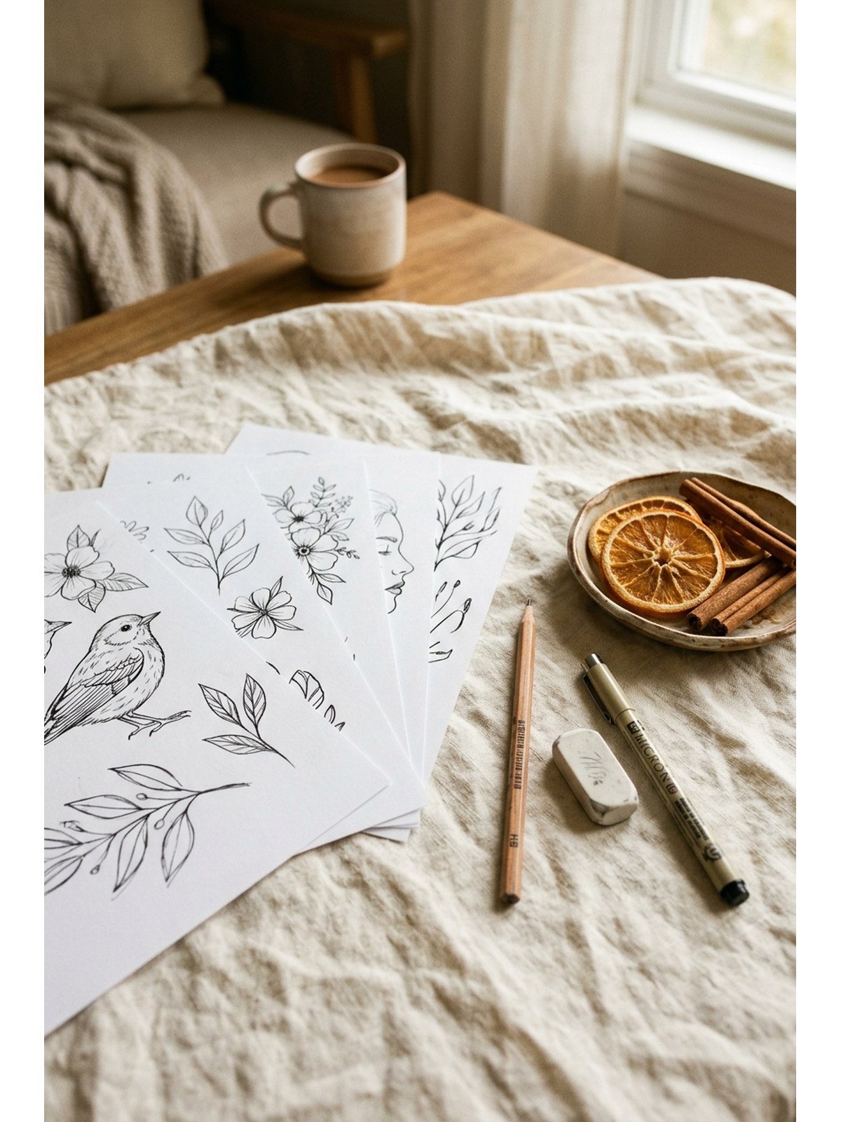 Printed Christmas drawing practice sheets fanned on cream linen with a pencil, eraser and dried orange slices