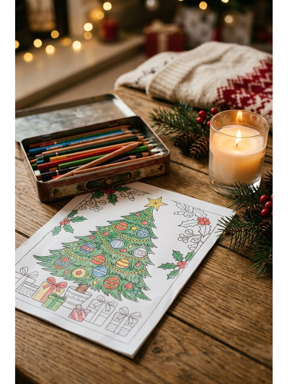 A partly coloured cozy Christmas coloring page on a wooden table beside a tin of coloured pencils and a lit candle