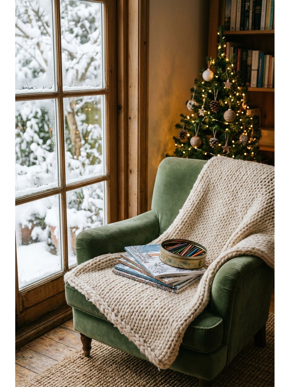 A cozy armchair by a frosted window with a knitted blanket, colouring books and a tin of pencils on the seat