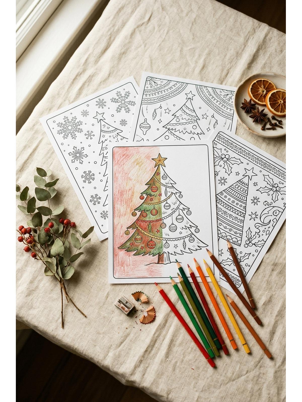 Printed cozy Christmas coloring sheets fanned out on cream linen with coloured pencils and dried orange slices