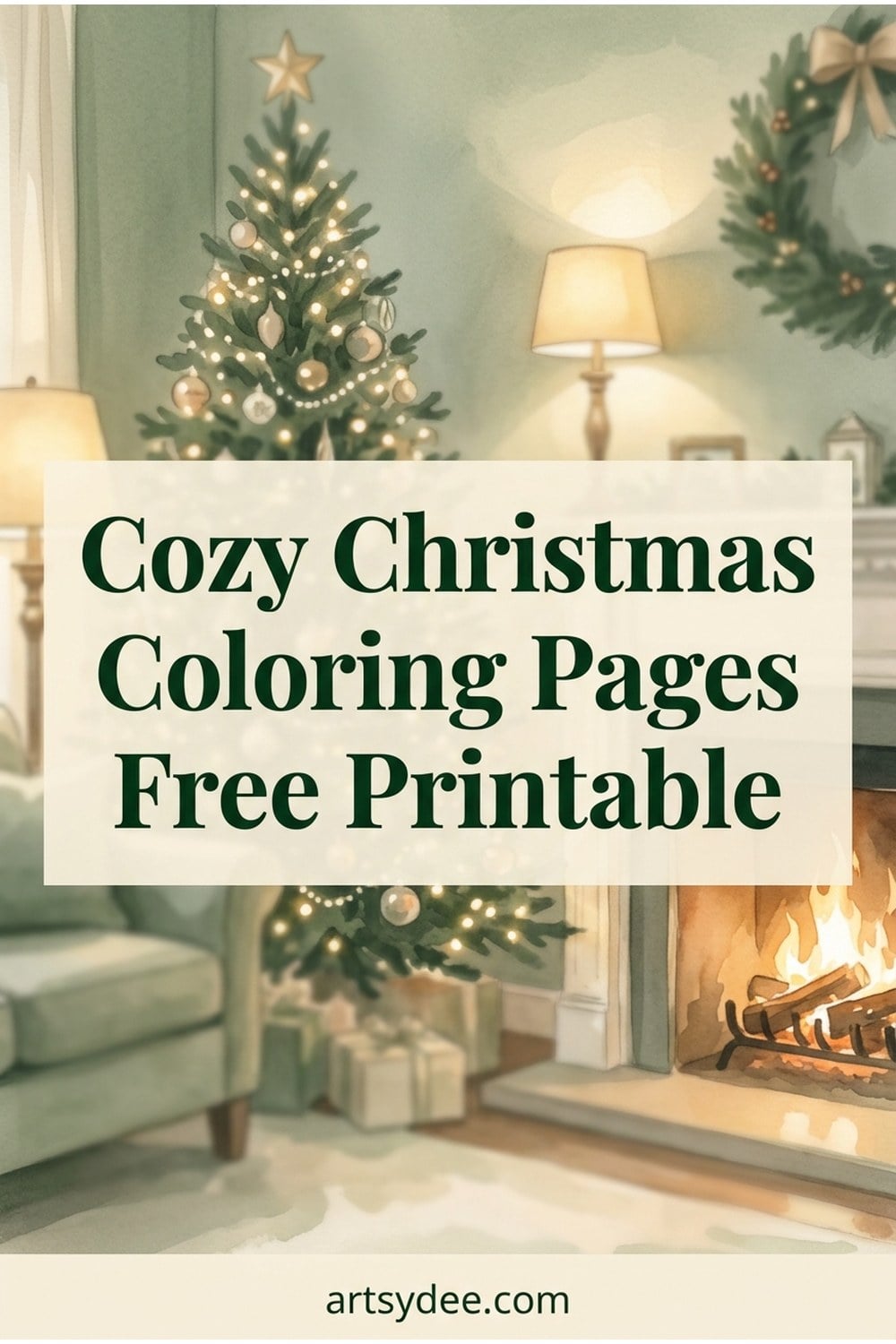 Cozy Christmas coloring pages free printable — a warm lamplit living room with a decorated tree and lit fireplace