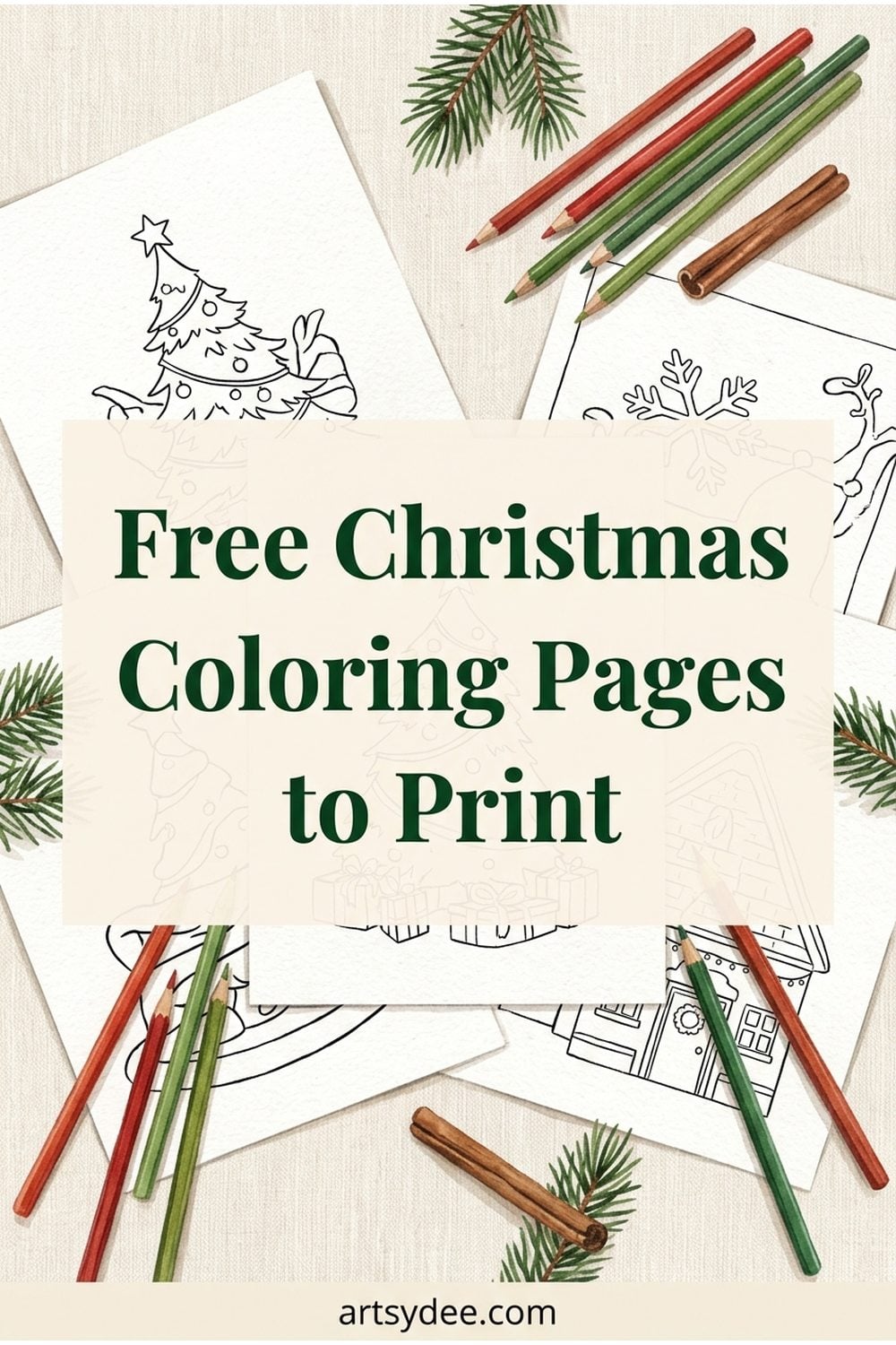 Free cozy Christmas coloring pages to print — printed colouring sheets with coloured pencils on cream linen