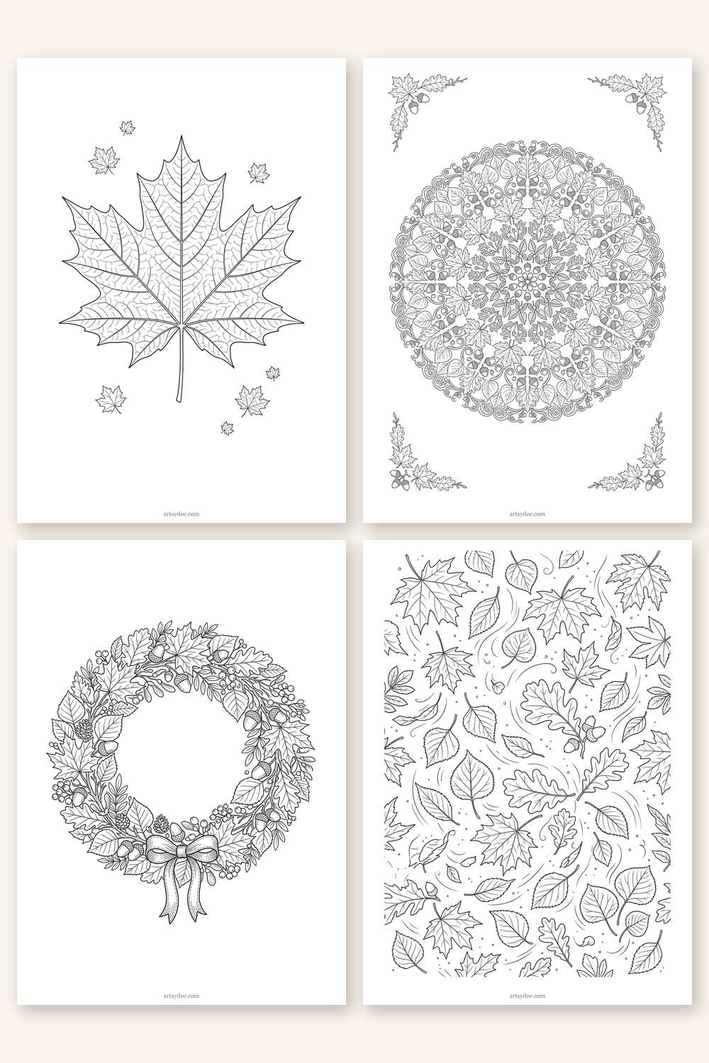Four free fall leaves coloring pages showing a maple leaf, leaf mandala, autumn wreath and falling leaves pattern