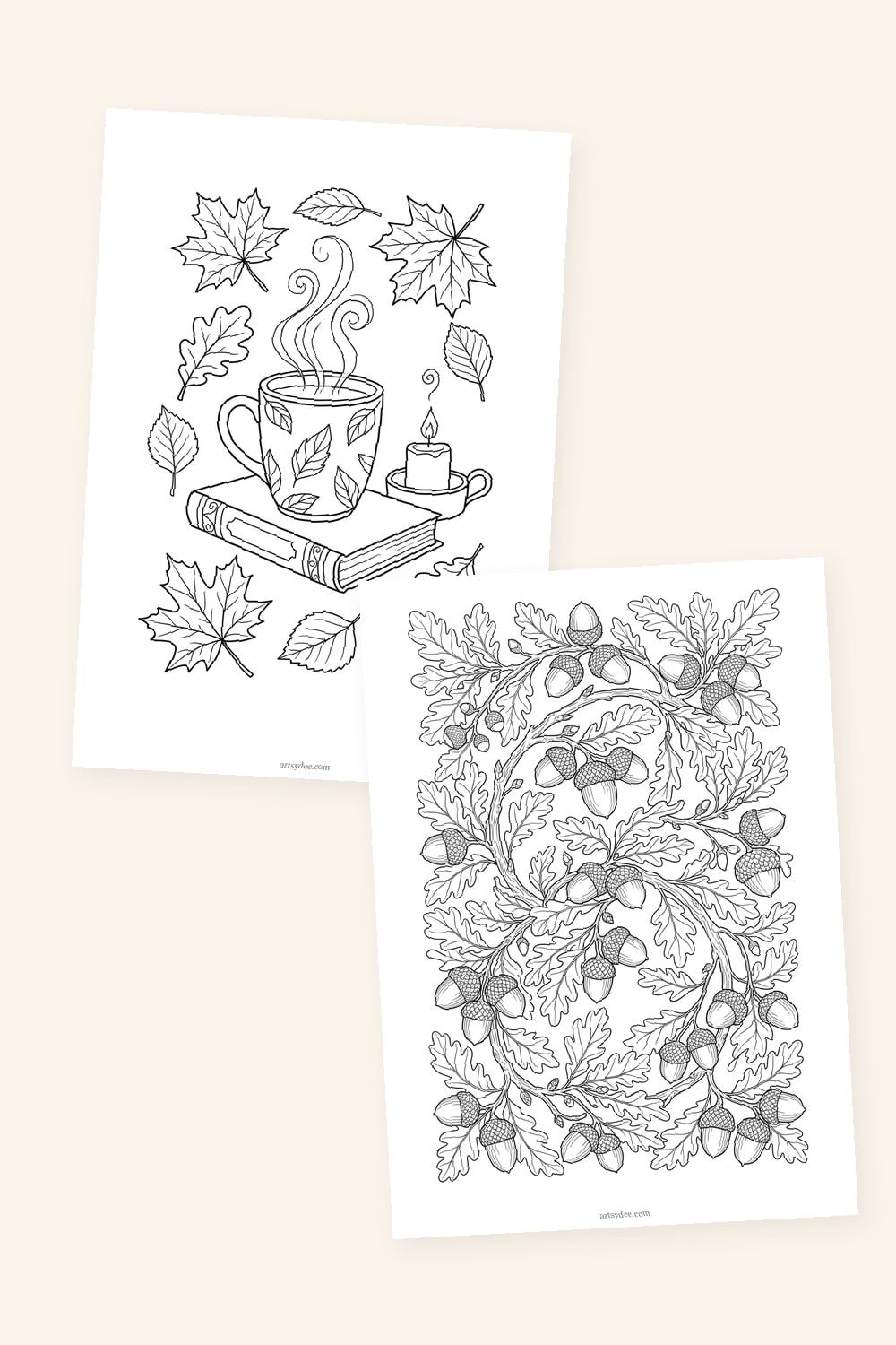 Fall leaves coloring pages from the free pack — cozy mug scene and acorns with oak leaves line art