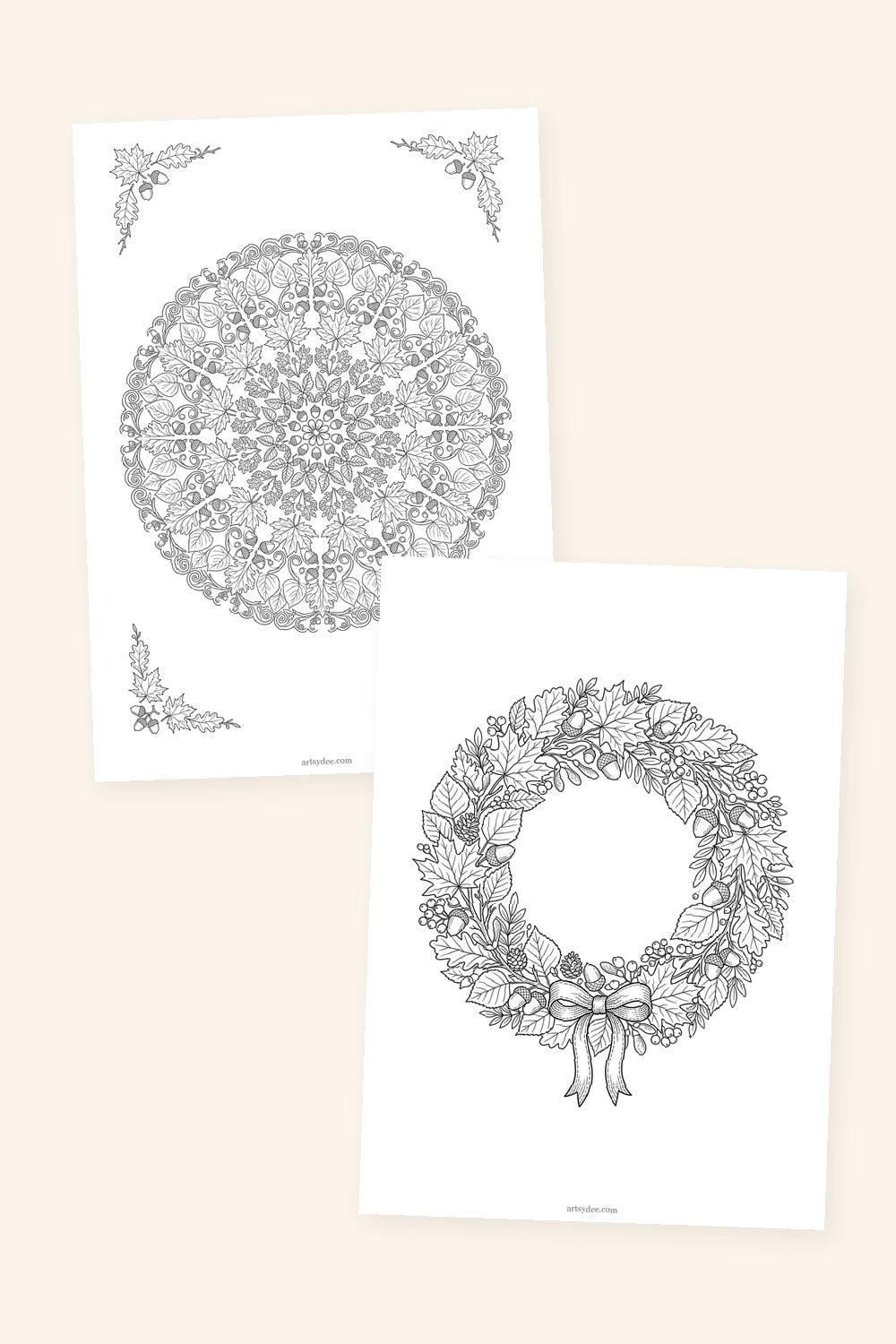 Leaf mandala and autumn wreath coloring pages with clean black line art from the free fall leaves pack