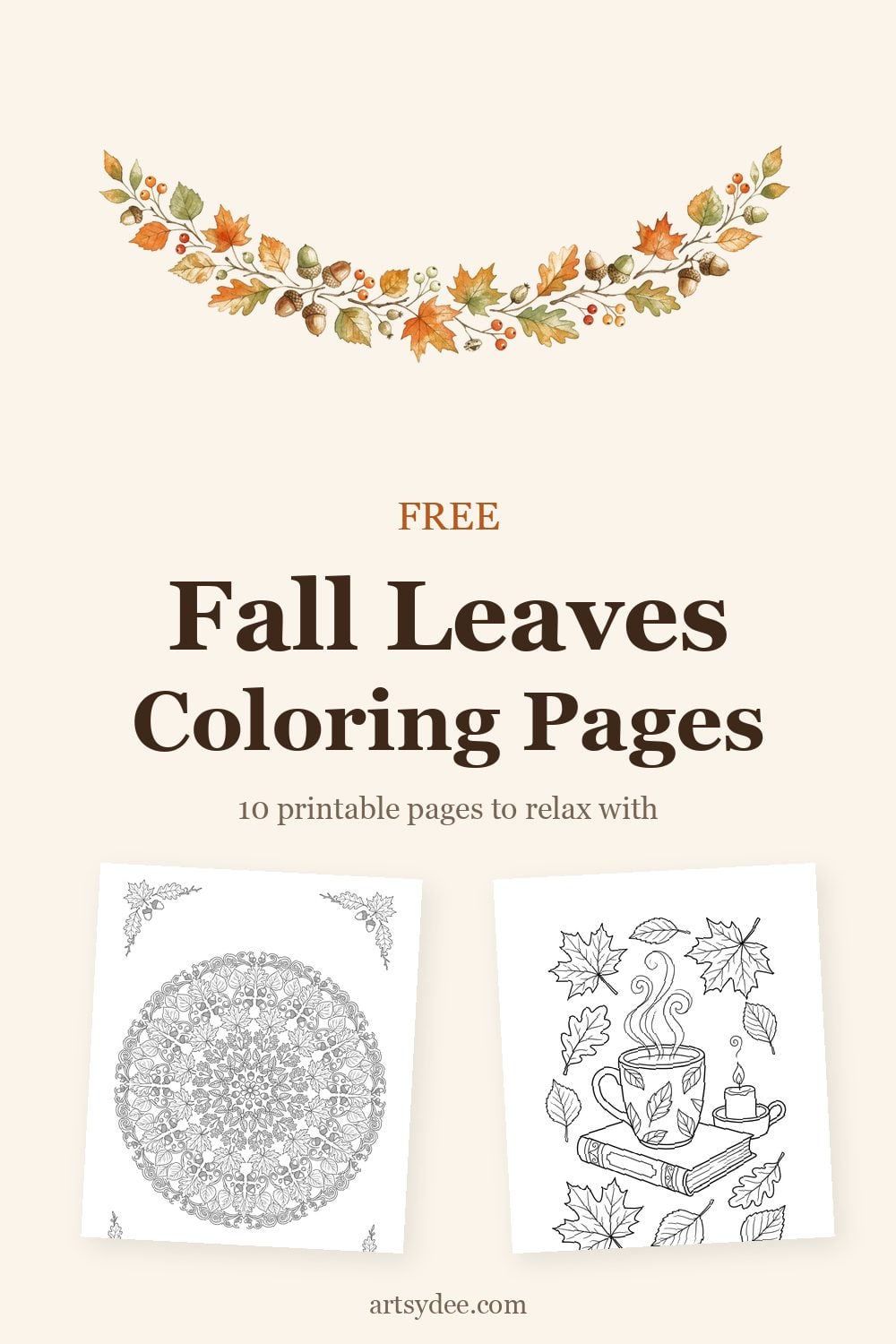 Free printable fall leaves coloring pages — 10 page pack with maple leaves, leaf mandala and cozy autumn scenes