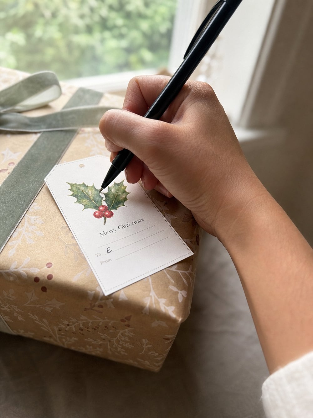 Writing a name on the To line of a printable Christmas gift tag