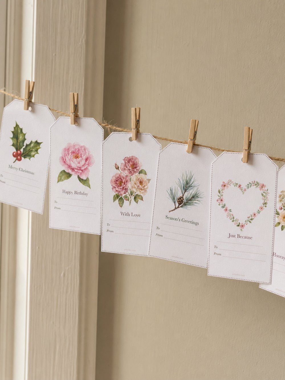 Printable gift tags pegged along a length of twine
