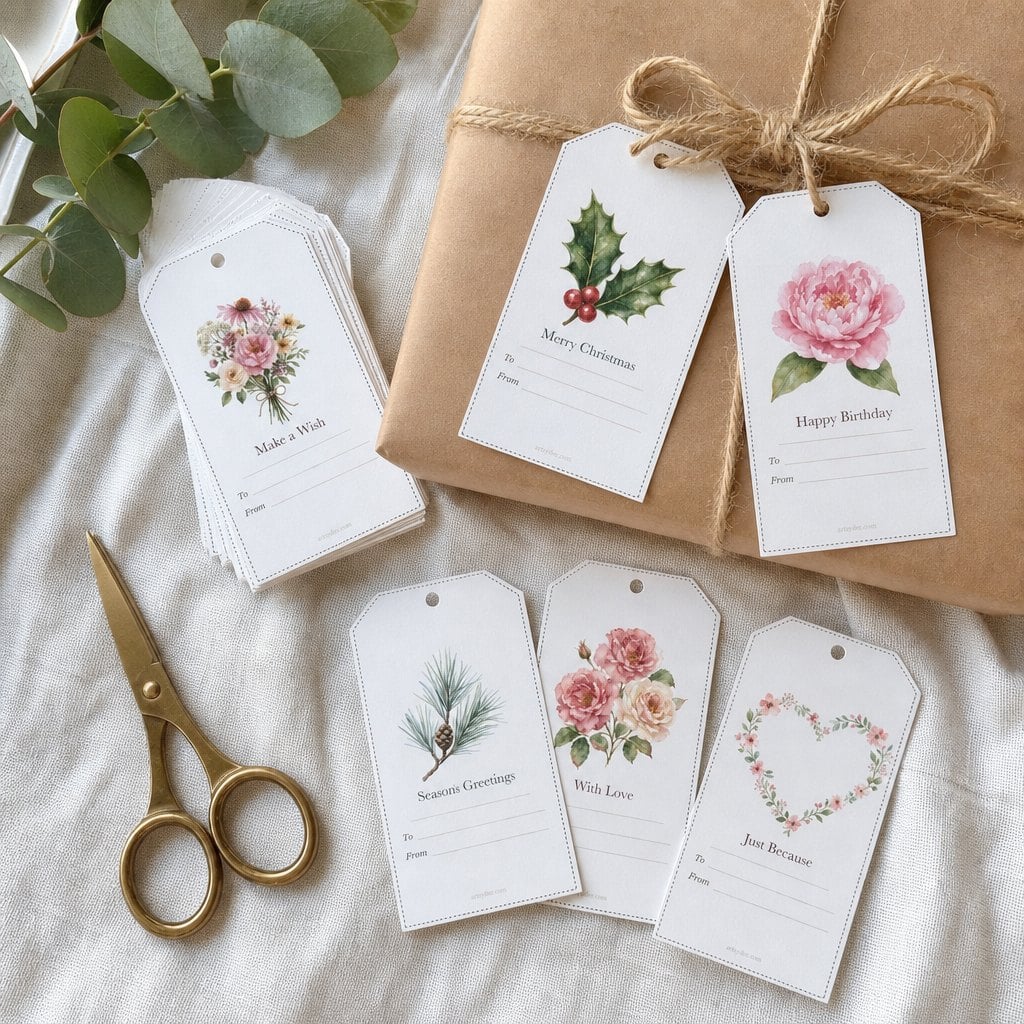 Free printable gift tags laid out with twine, scissors and a kraft paper parcel