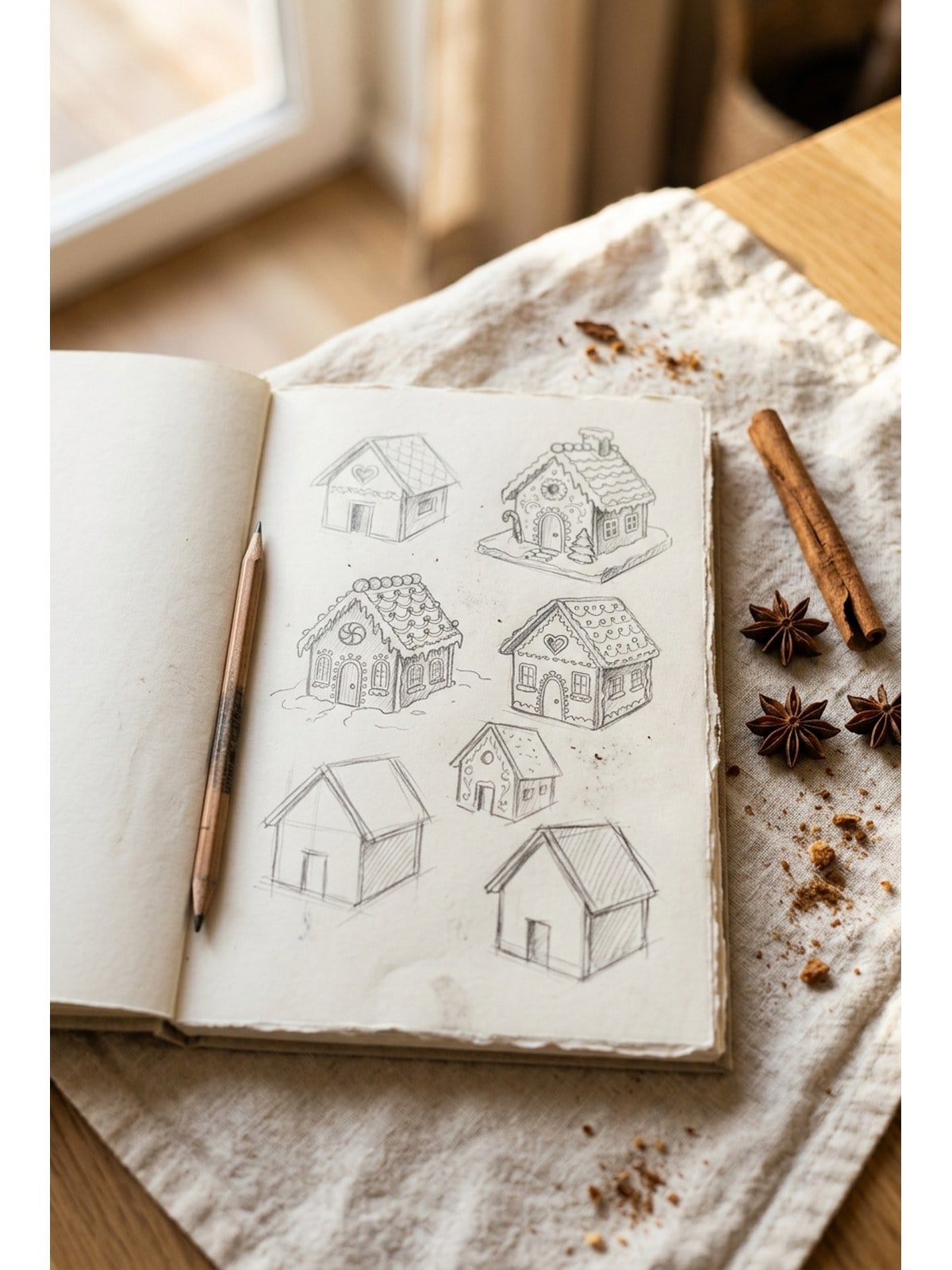 An open sketchbook page showing several pencil drawings of gingerbread houses at different stages of completion