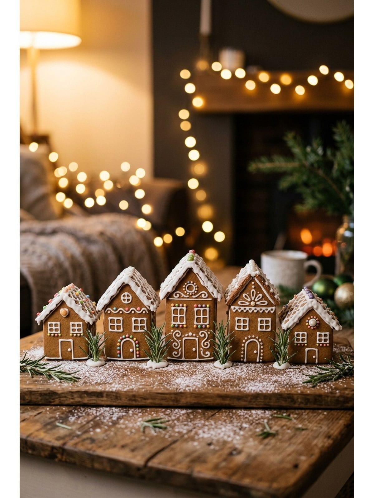 A row of small decorated gingerbread houses of different heights on a wooden board dusted with icing sugar