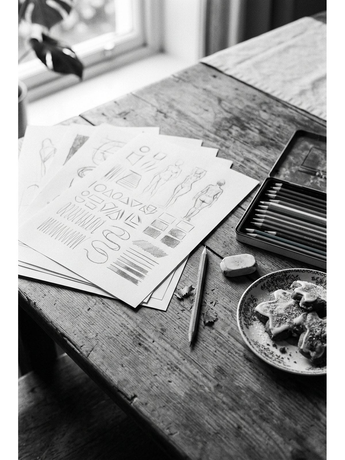 Printed gingerbread house drawing practice sheets fanned on a wooden table with a pencil and iced biscuits