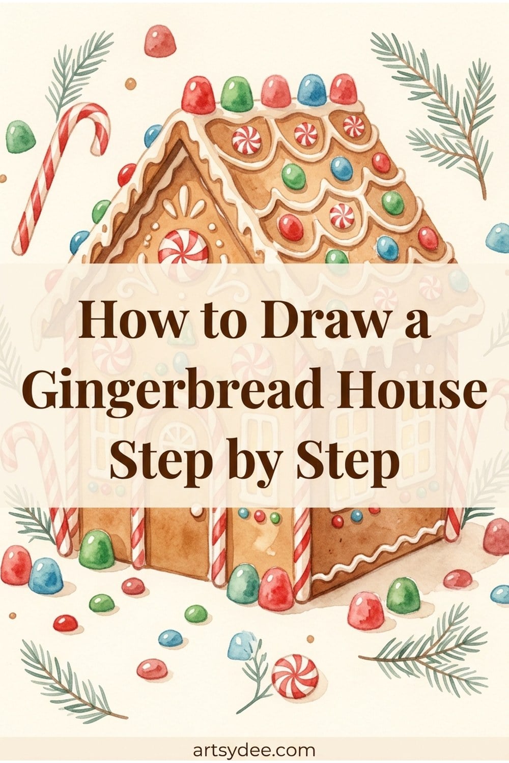How to draw a gingerbread house step by step — a decorated gingerbread house with candy canes and gumdrops