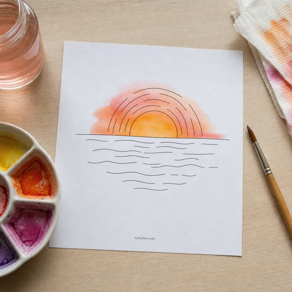 A printable sunset outline template half painted in warm watercolour, with palette and brush