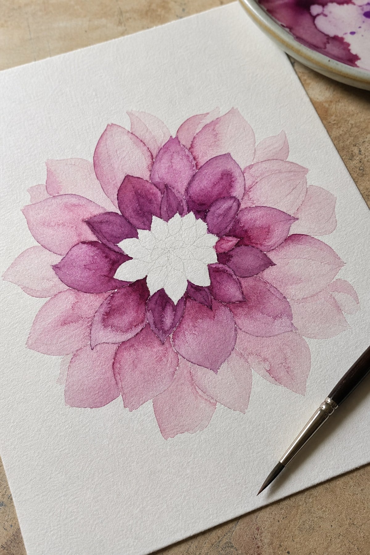 A watercolour dahlia painted in progress showing the outer petal ring finished and the centre still bare paper