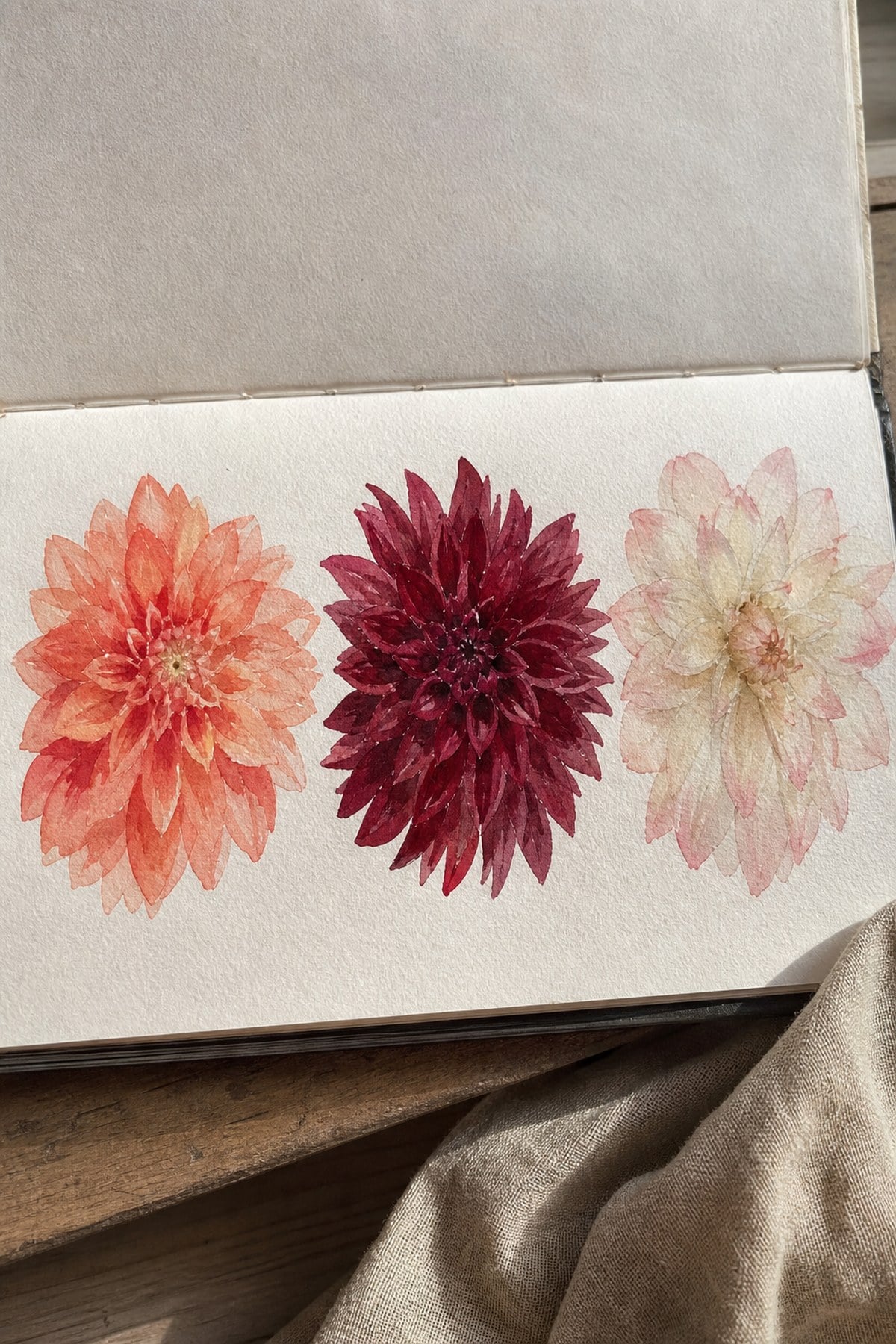 Three finished watercolour dahlias in coral, deep burgundy and pale cream showing different varieties side by side