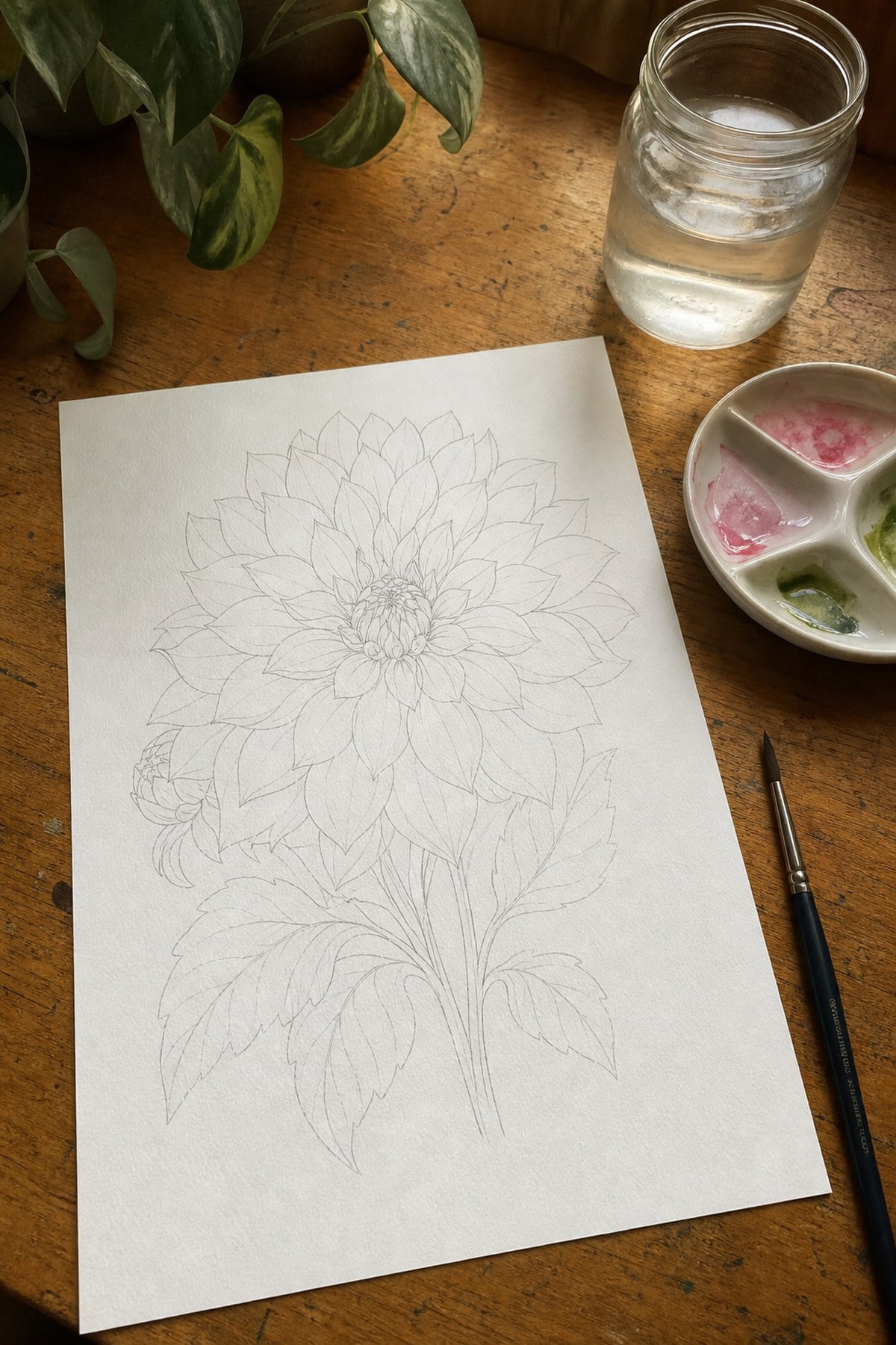 A printed dahlia line-art template on watercolour paper ready to paint with a brush and palette alongside