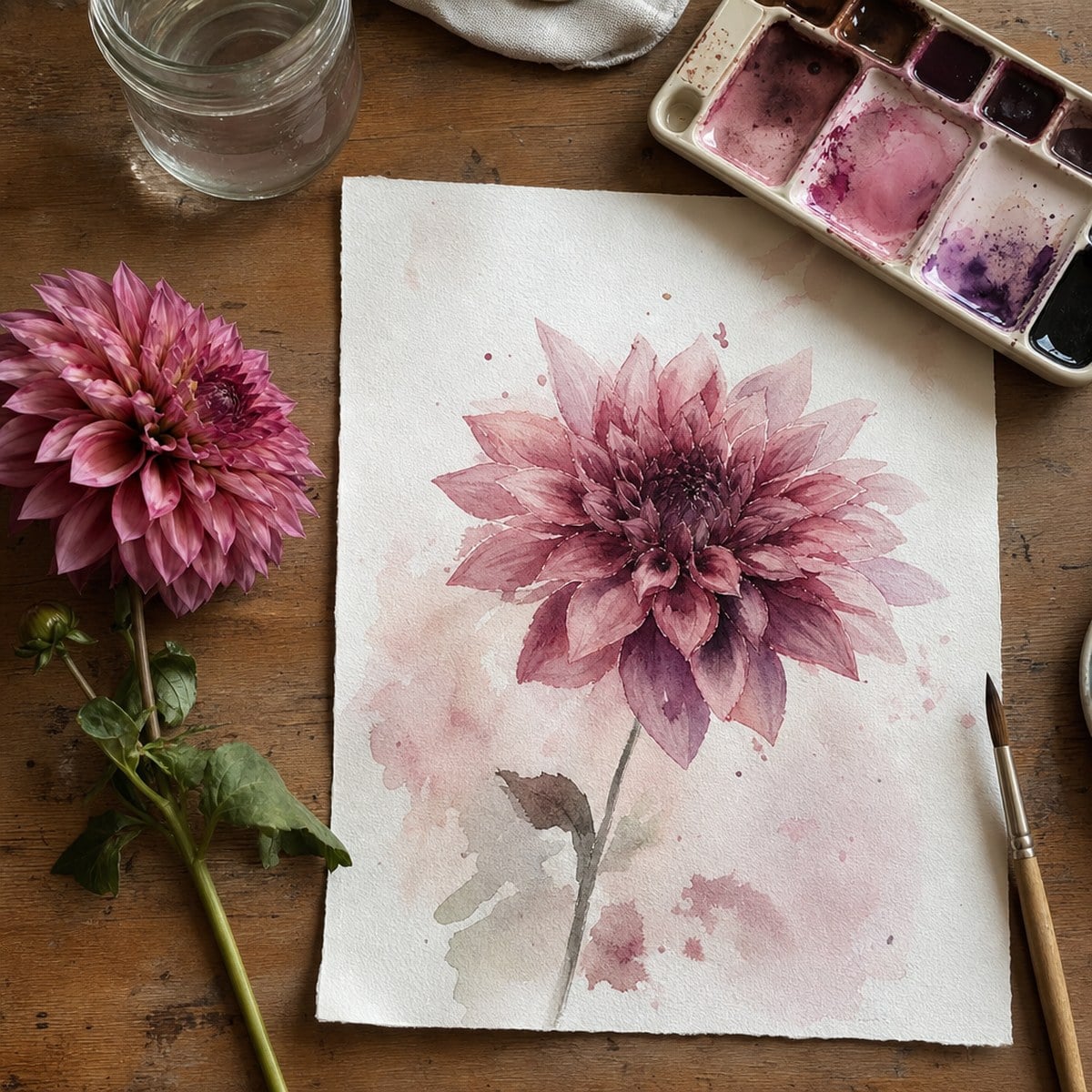 A finished loose watercolour painting of a dusky pink dahlia on cold press paper beside a palette of pinks and plums