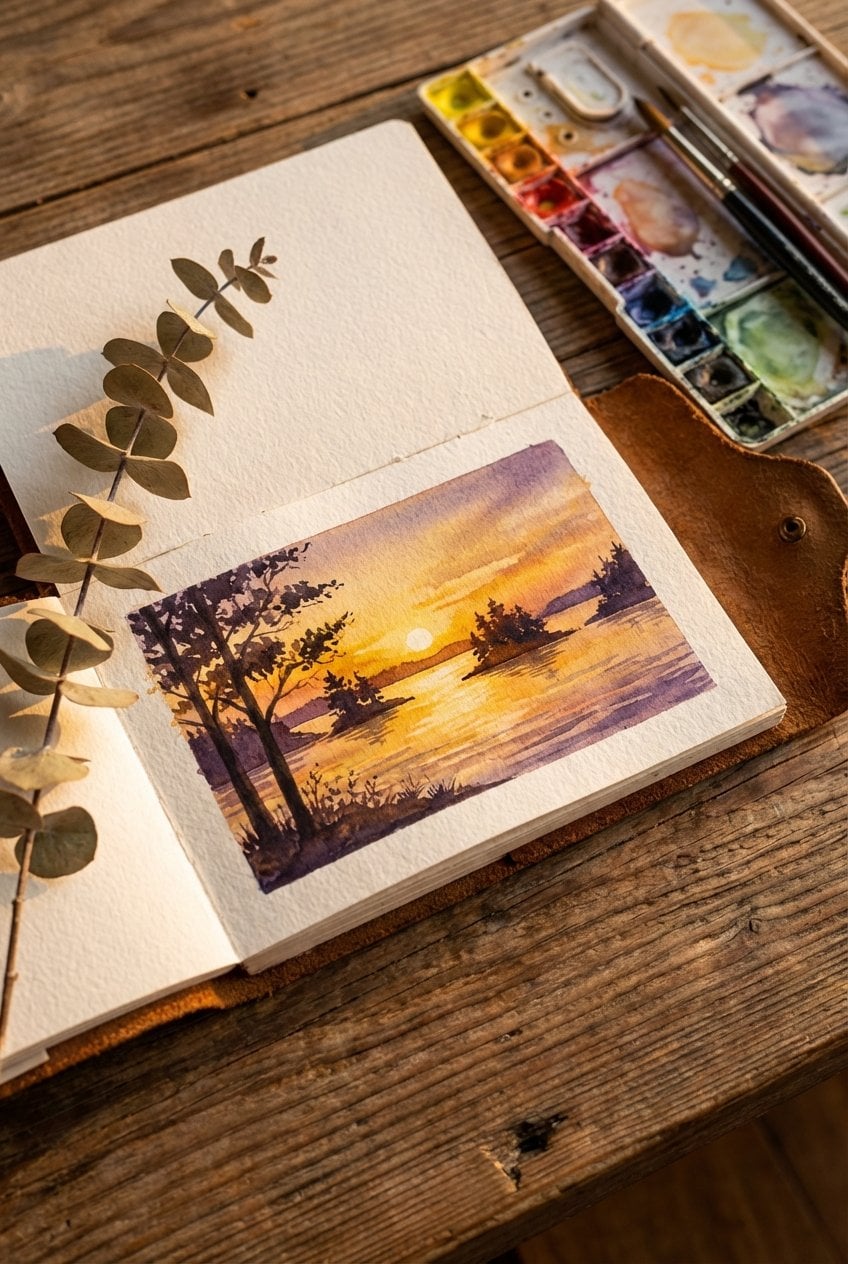 Finished mini watercolor sunset over water