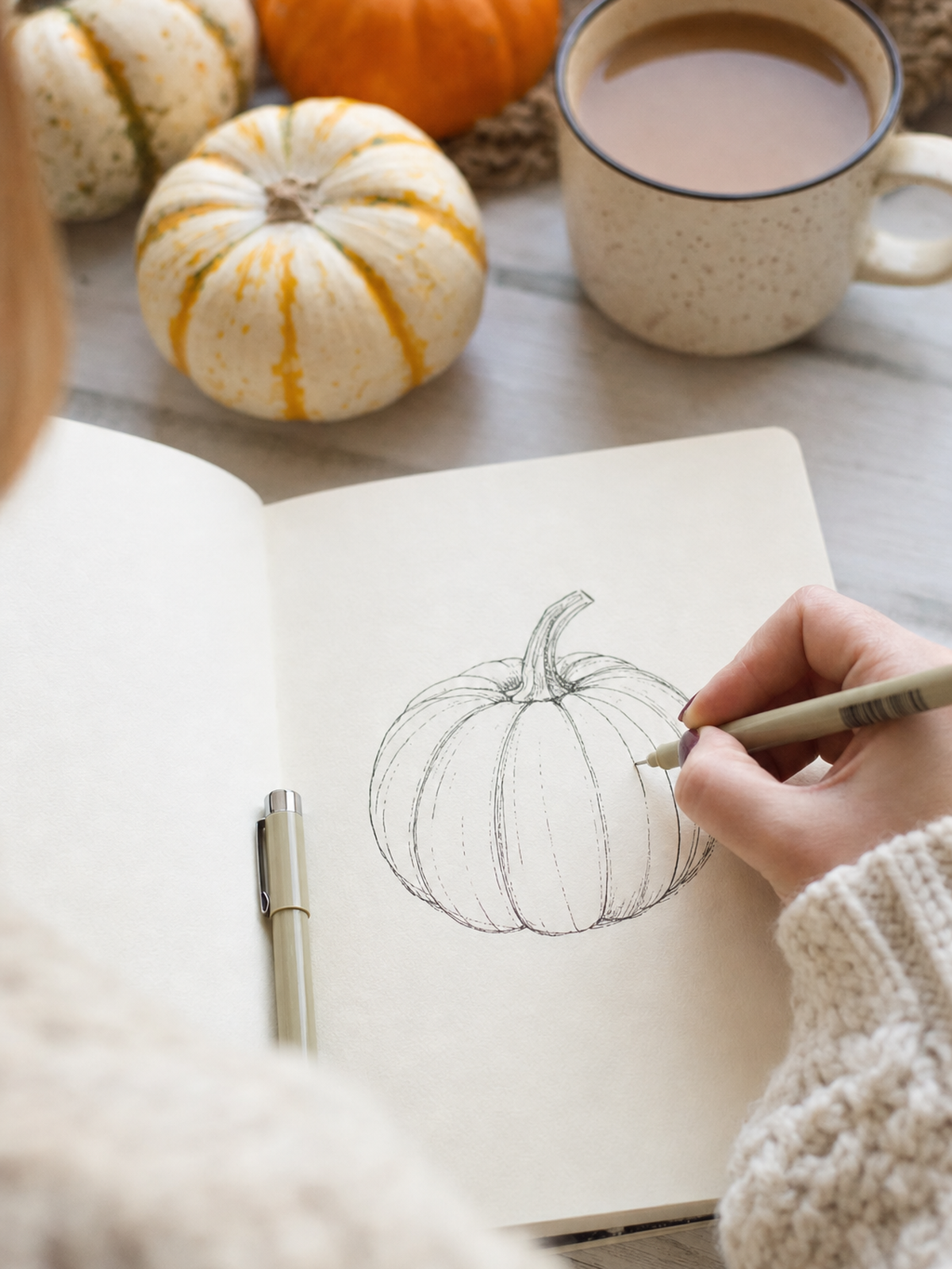 Close-up of a hand-drawn pumpkin in black fine-liner in an open sketchbook, with the curved rib lines being added